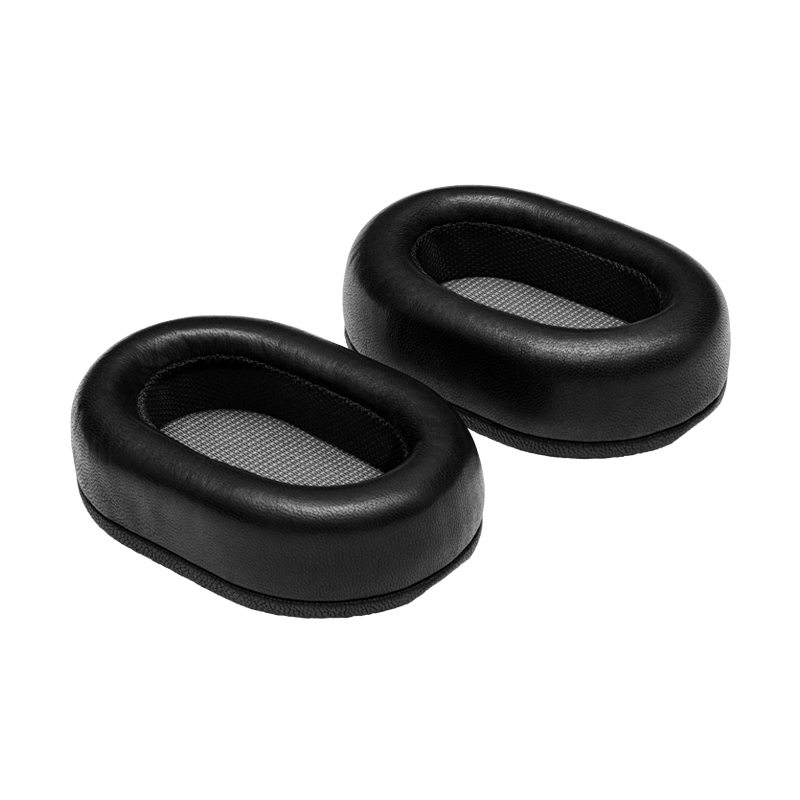 Two black leather MW50+ over-ear ear pads with mesh centers, placed side by side | gallery OEE50BLK