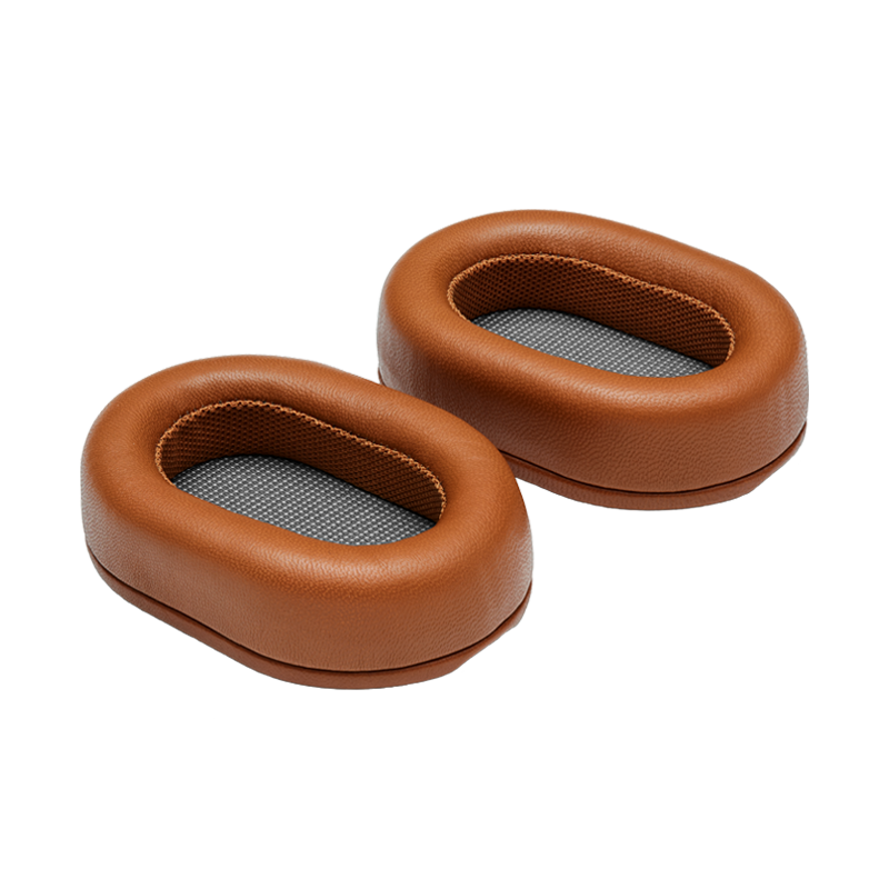 Two brown leather MW50+ over-ear ear pads with mesh centers, placed side by side | gallery OEE50BRN
