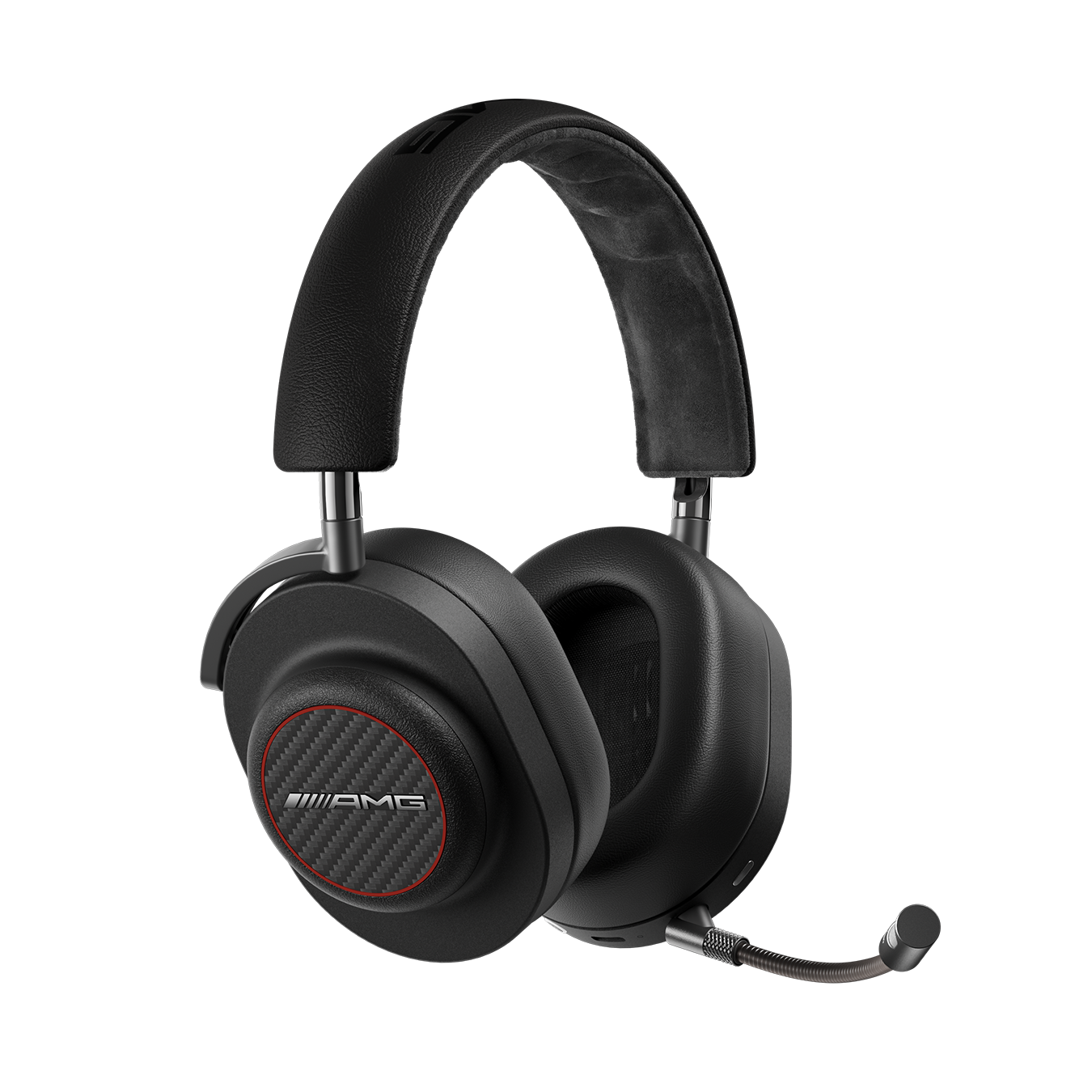 Floating black Mercedes-AMG MG20 Wireless Gaming Headphones with detatchable boom microphone
