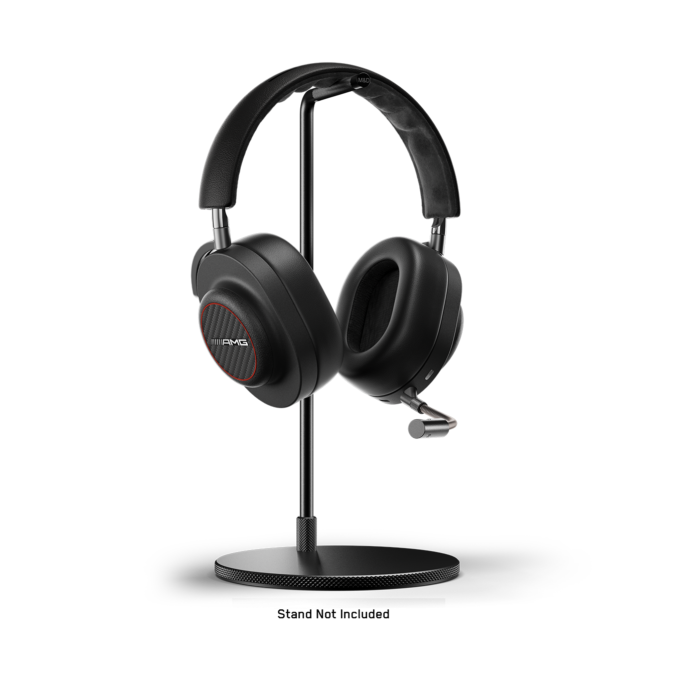 Black Mercedes-AMG MG20 Wireless Gaming Headphones with detachable boom microphone placed on a black headphone stand.