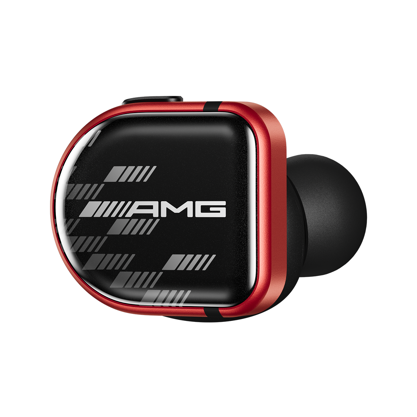 Close-up of a single red and black Mercedes-AMG MW08 Sport True Wireless Earphone shown from the side that faces out when worn
