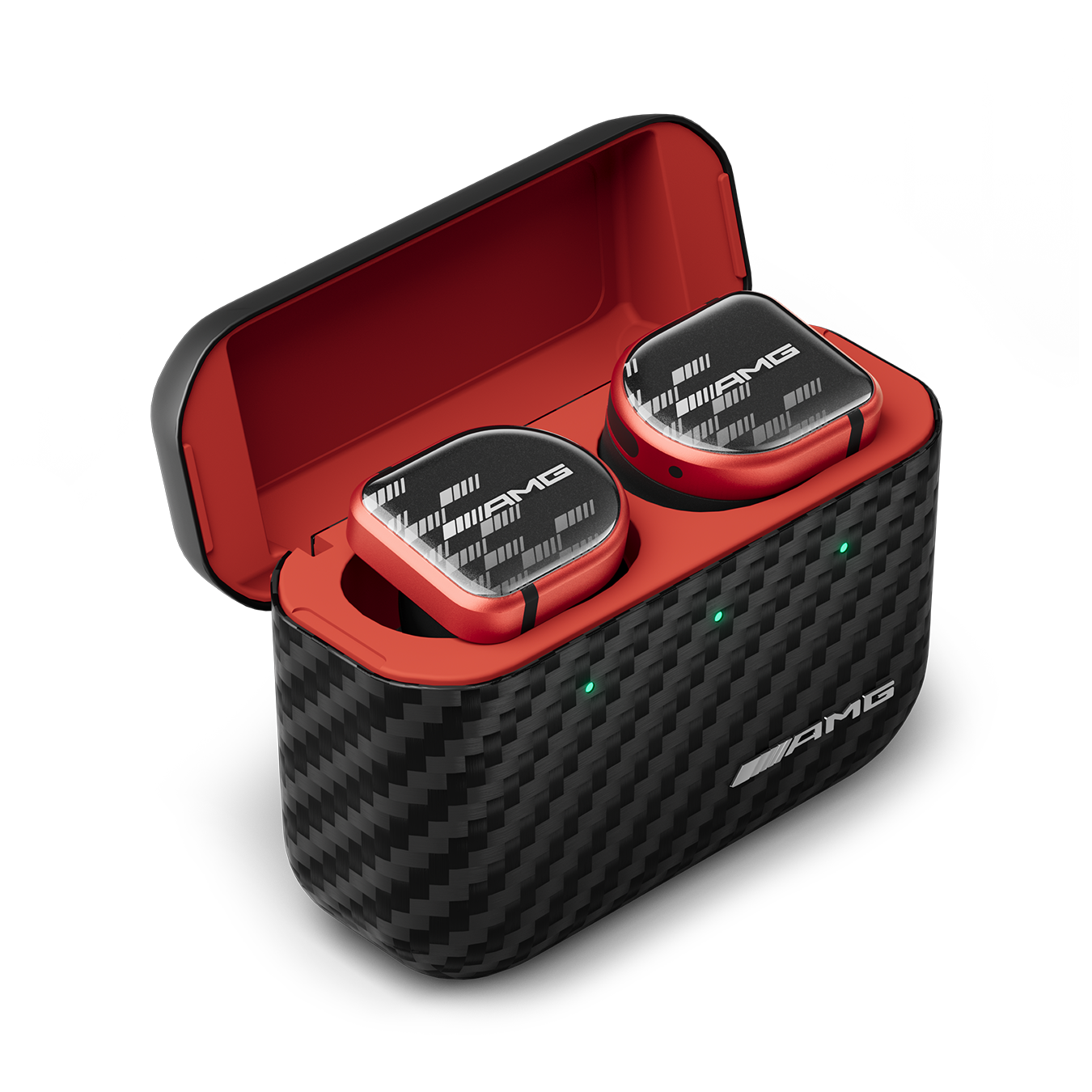 A pair of red and black Mercedes-AMG MW08 Sport True Wireless Earphones inside an open Kevlar charging case