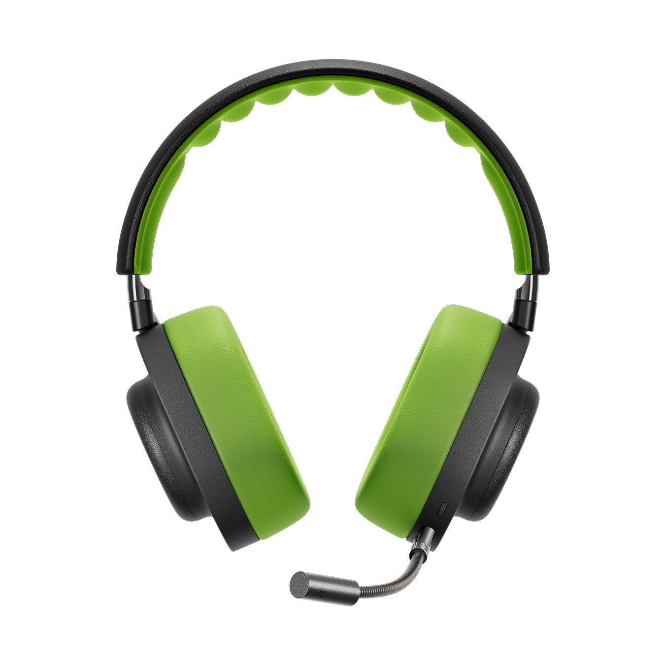 Front view of black and green Automobili Lamborghini MG20 Wireless Gaming Headphones with detachable boom microphone showing inner alcantara headband