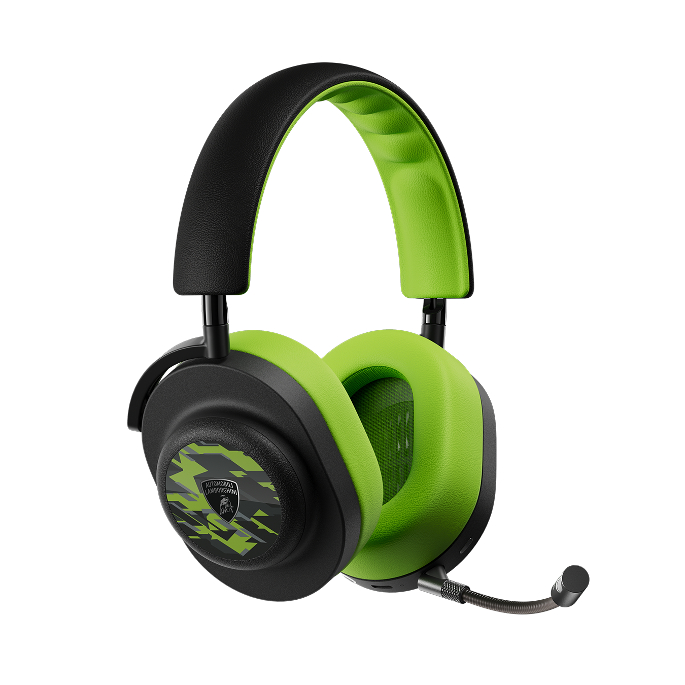 Floating black and green Automobili Lamborghini MG20 Wireless Gaming Headphones with detatchable boom microphone