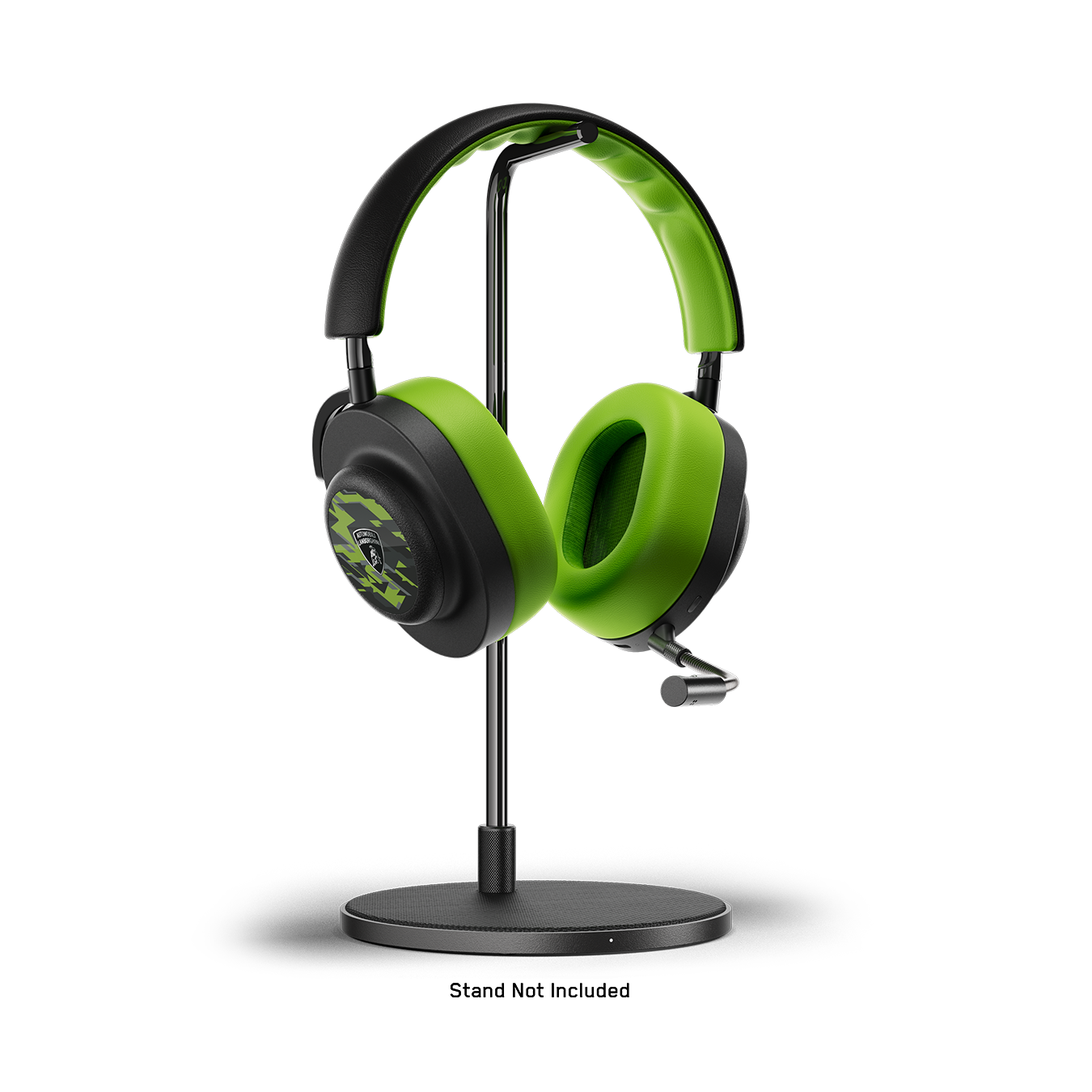Black and green Automobili Lamborghini MG20 Wireless Gaming Headphones with detachable boom microphone placed on a black headphone stand.