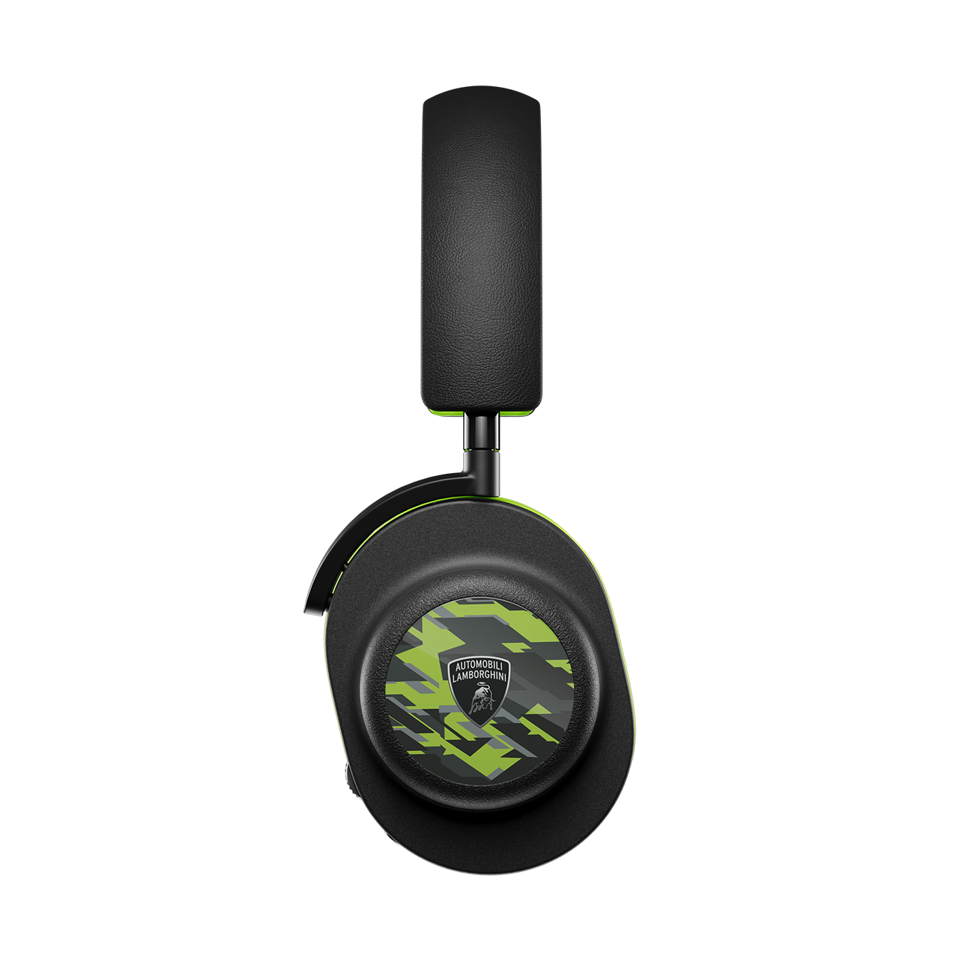 Side view of black and green Automobili Lamborghini MG20 Wireless Gaming Headphones showing headband and magnesium ear cup