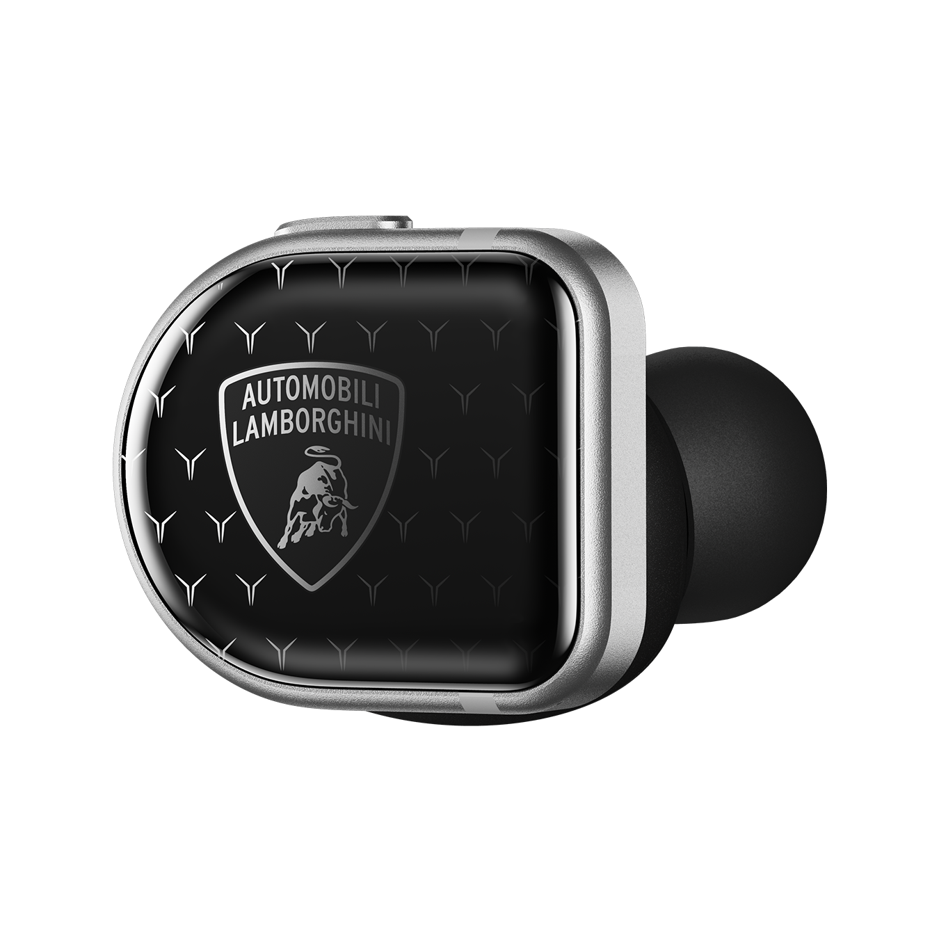 Close-up of a single silver and black Automobili Lamborghini MW08 Sport True Wireless Earphone shown from the side that faces out when worn