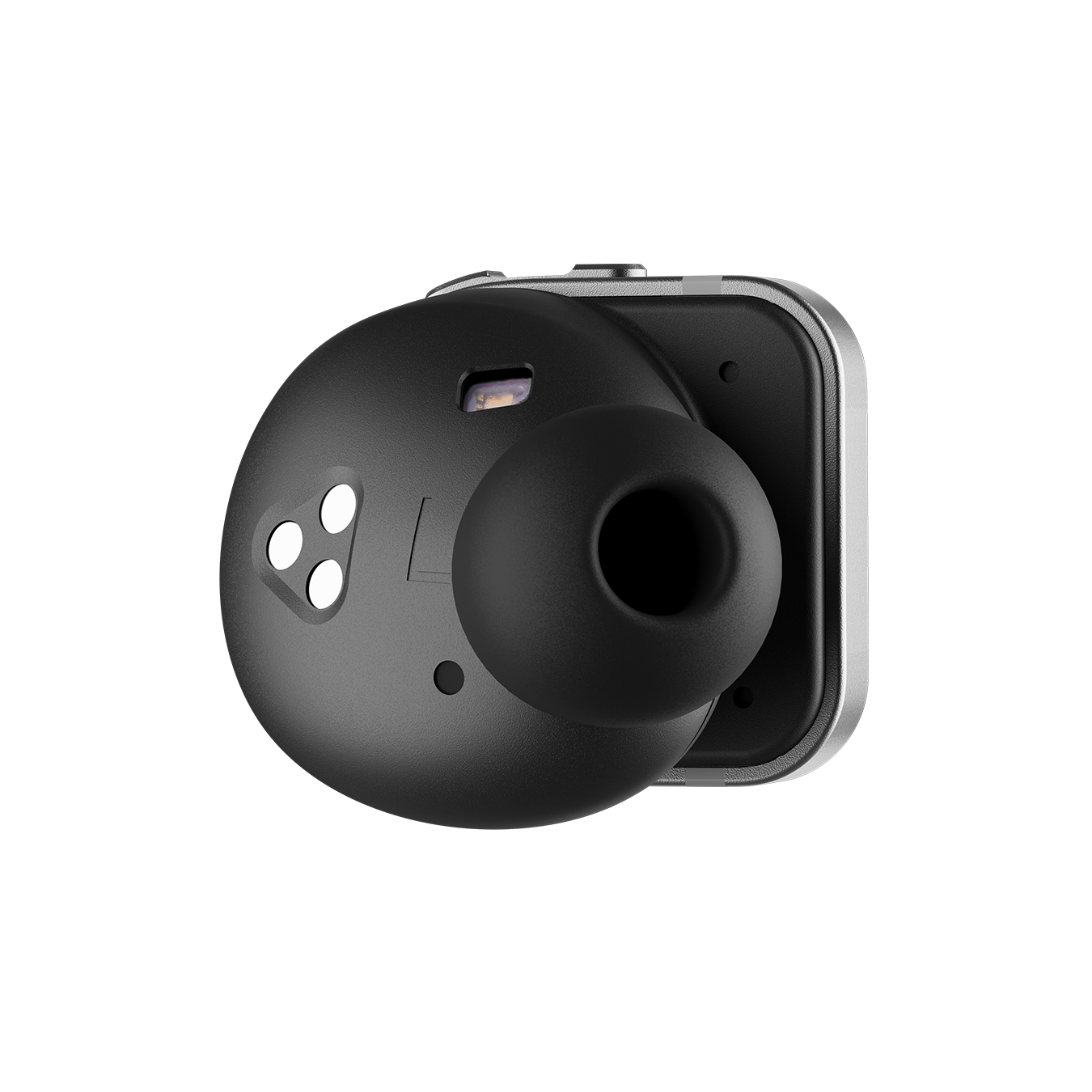 Close-up of a single silver and black Automobili Lamborghini MW08 Sport True Wireless Earphone shown from the side that faces in when worn, featuring the ear tip and sensors