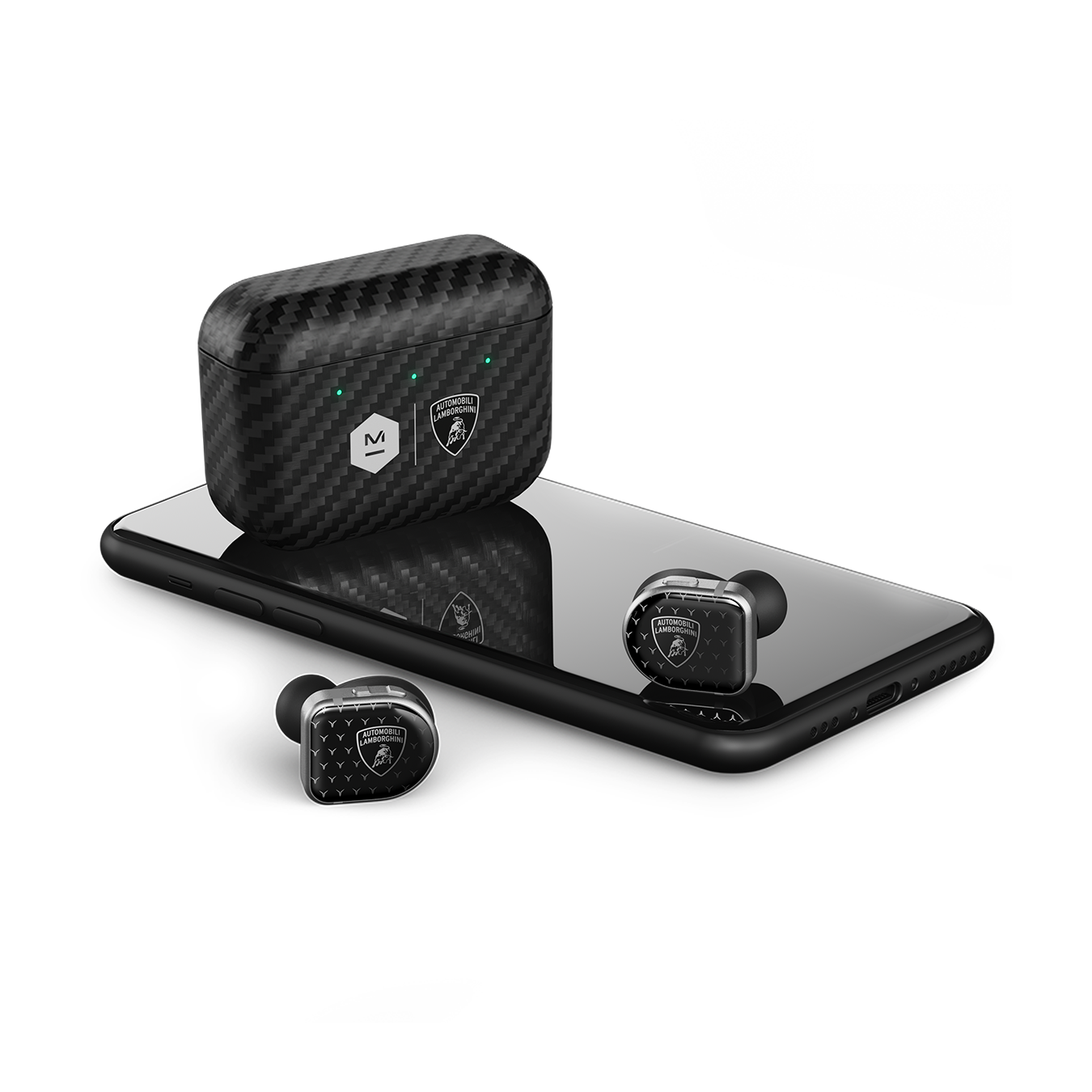 Pair of silver and black Automobili Lamborghini MW08 Sport True Wireless Earphones and Kevlar charging case next to a black cell phone for scale