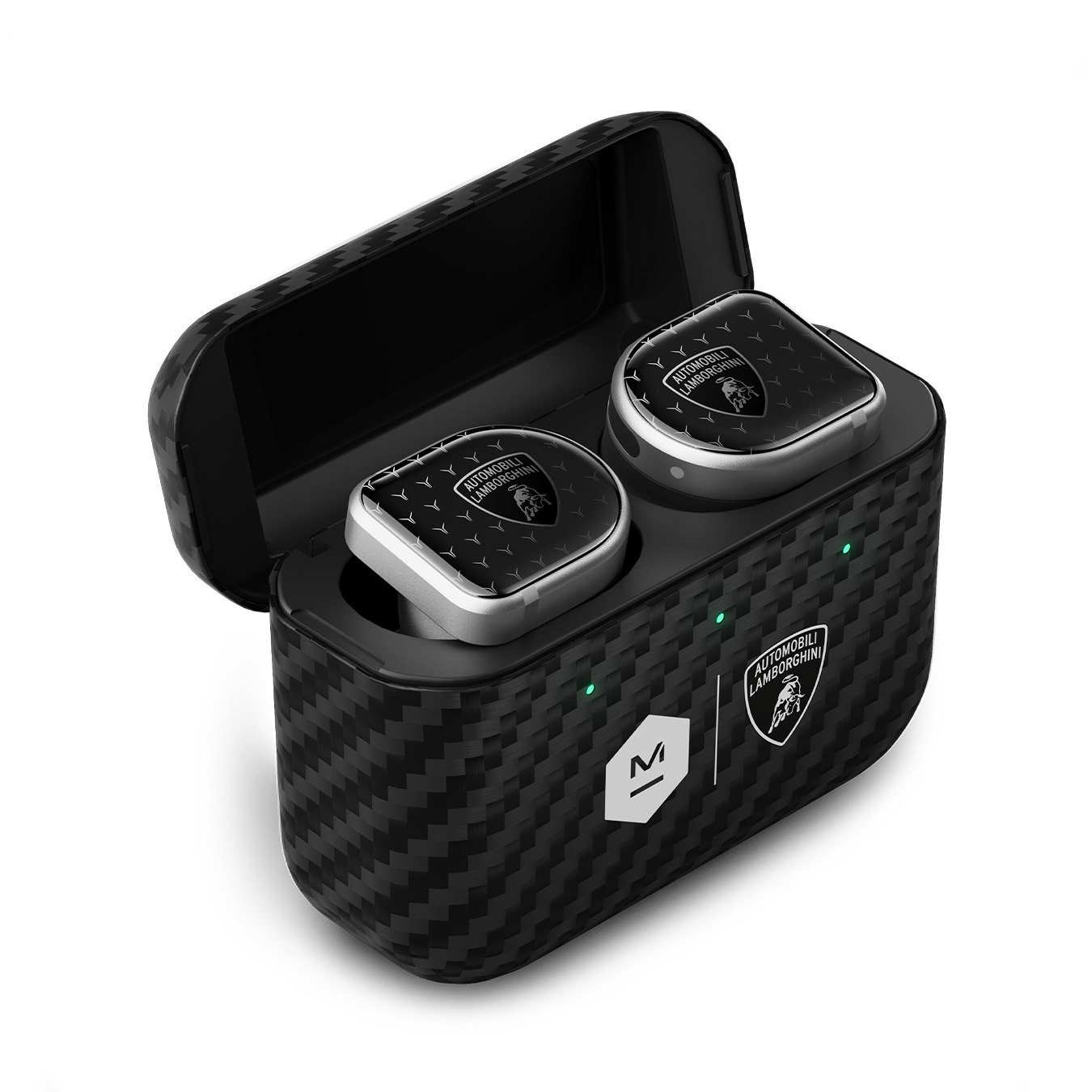 A pair of silver and black Automobili Lamborgini MW08 Sport True Wireless Earphones inside an open Kevlar charging case
