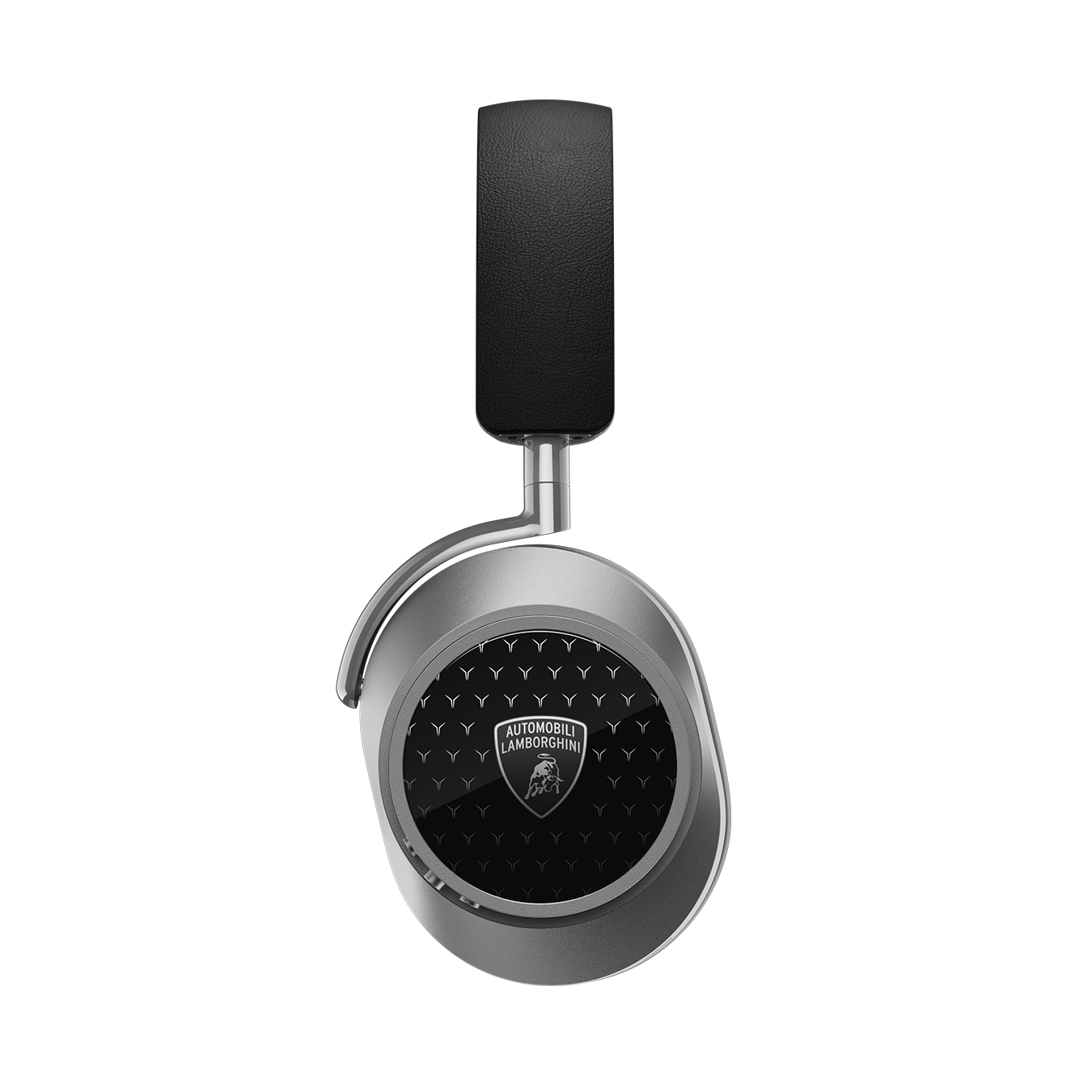 Side view of silver, black and white Automobili Lamborghini MW75 Active Noise-Cancelling Headphones showing headband and ear cup