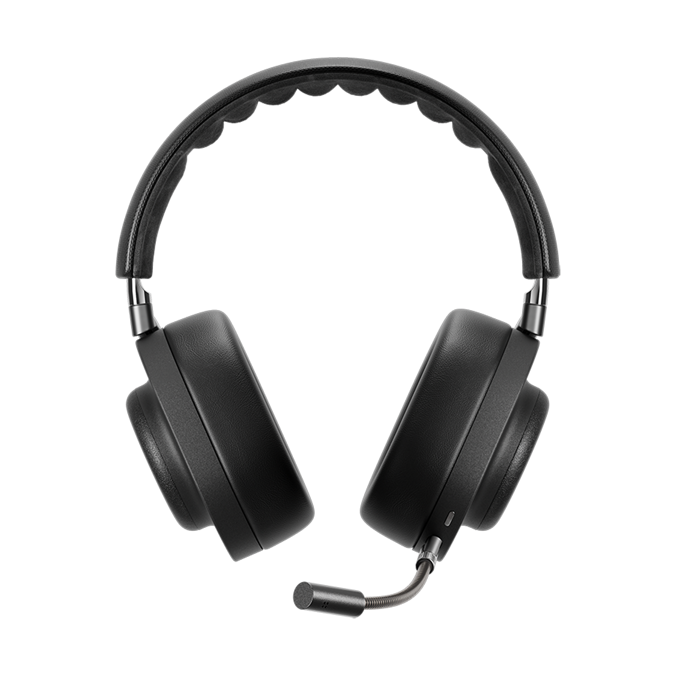 Front view of onyx black MG20 Wireless Gaming Headphones with detachable boom microphone showing inner alcantara headband | gallery MG20B1
