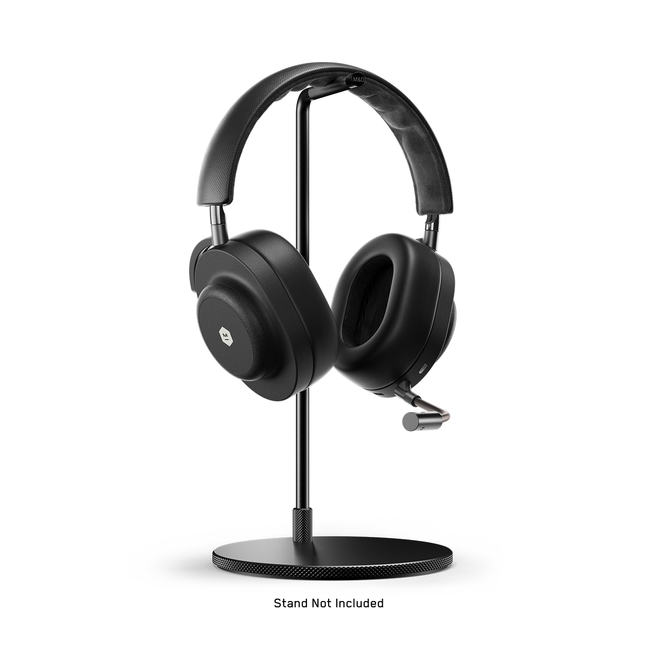 Onyx black MG20 Wireless Gaming Headphones with detachable boom microphone placed on a gunmetal headphone stand | gallery MG20B1