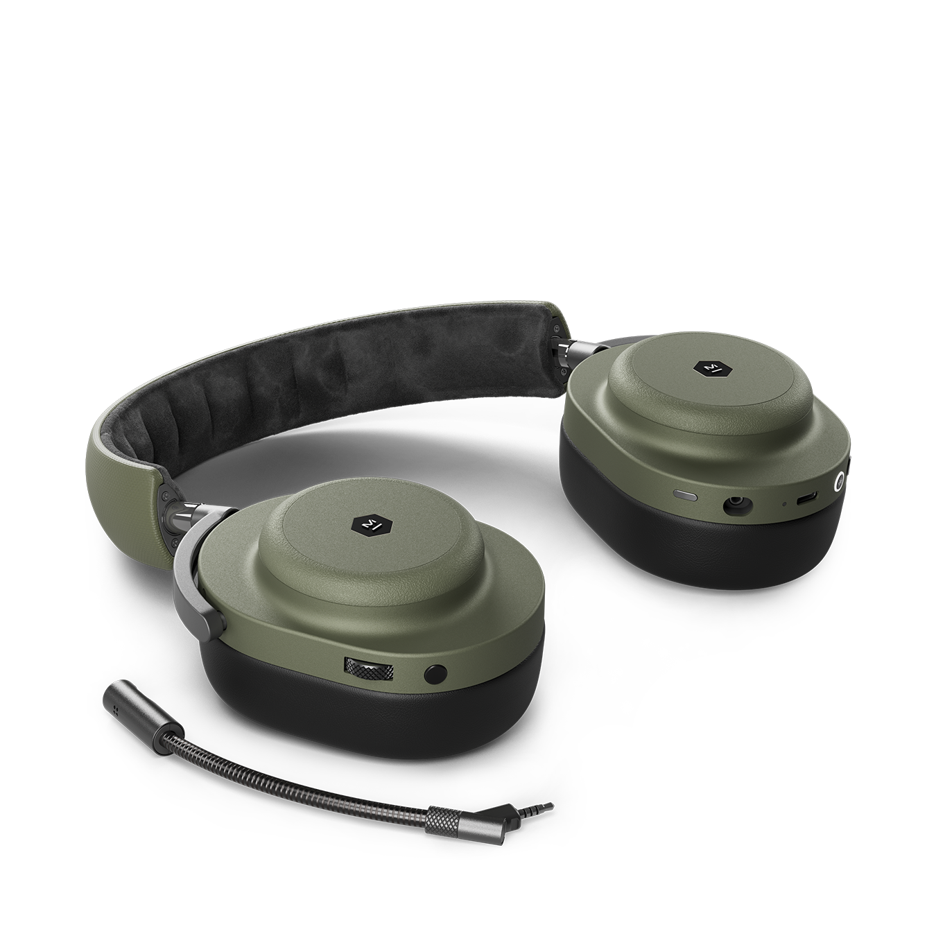 Moss green and black MG20 Wireless Gaming Headphones laying on a flat surface next to a detachable boom microphone | gallery MG20GR8