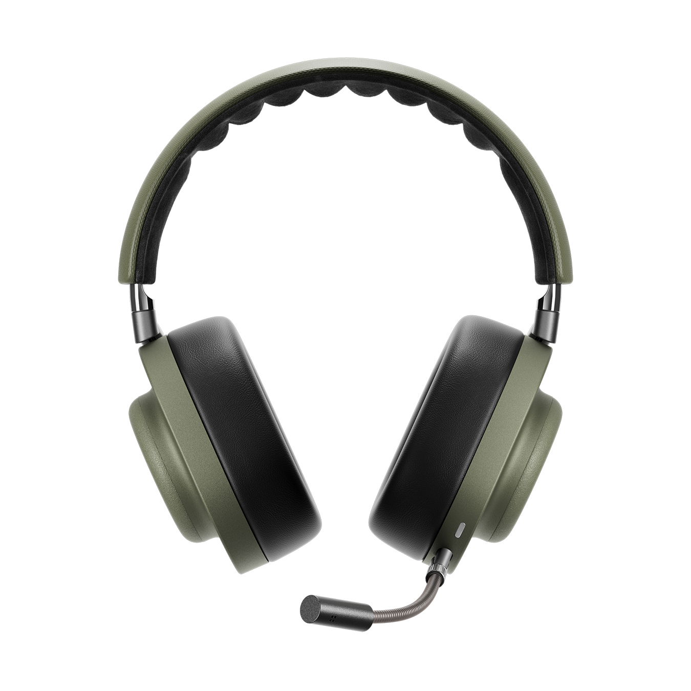 Front view of moss green and black MG20 Wireless Gaming Headphones with detachable boom microphone showing inner alcantara headband | gallery MG20GR8