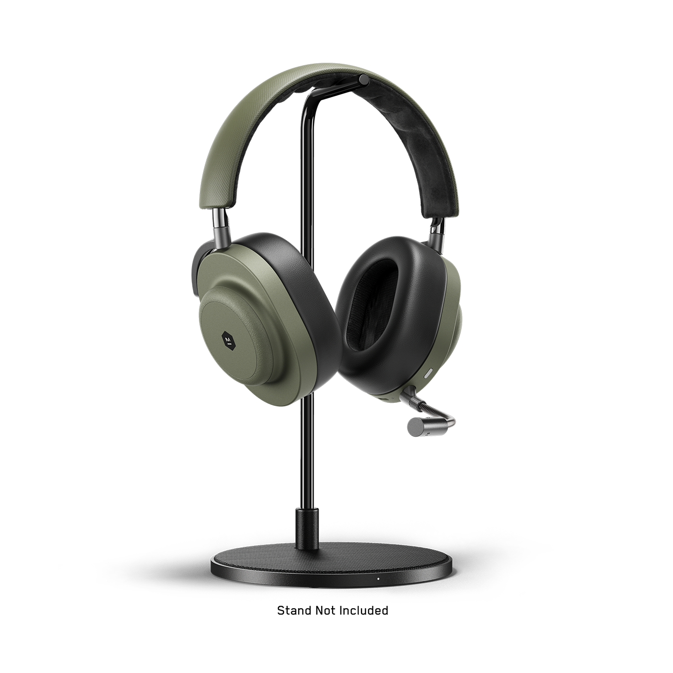 Moss green and black MG20 Wireless Gaming Headphones with detachable boom microphone placed on a gunmetal headphone stand | gallery MG20GR8