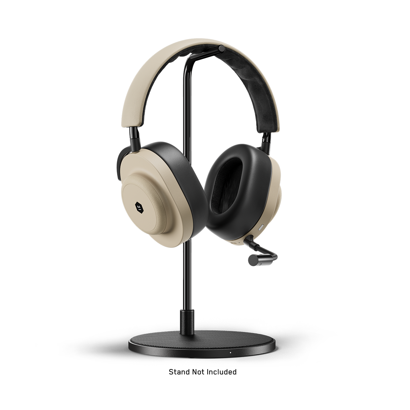 Sand dune and black MG20 Wireless Gaming Headphones with detachable boom microphone placed on a black headphone stand | gallery MG20SD10