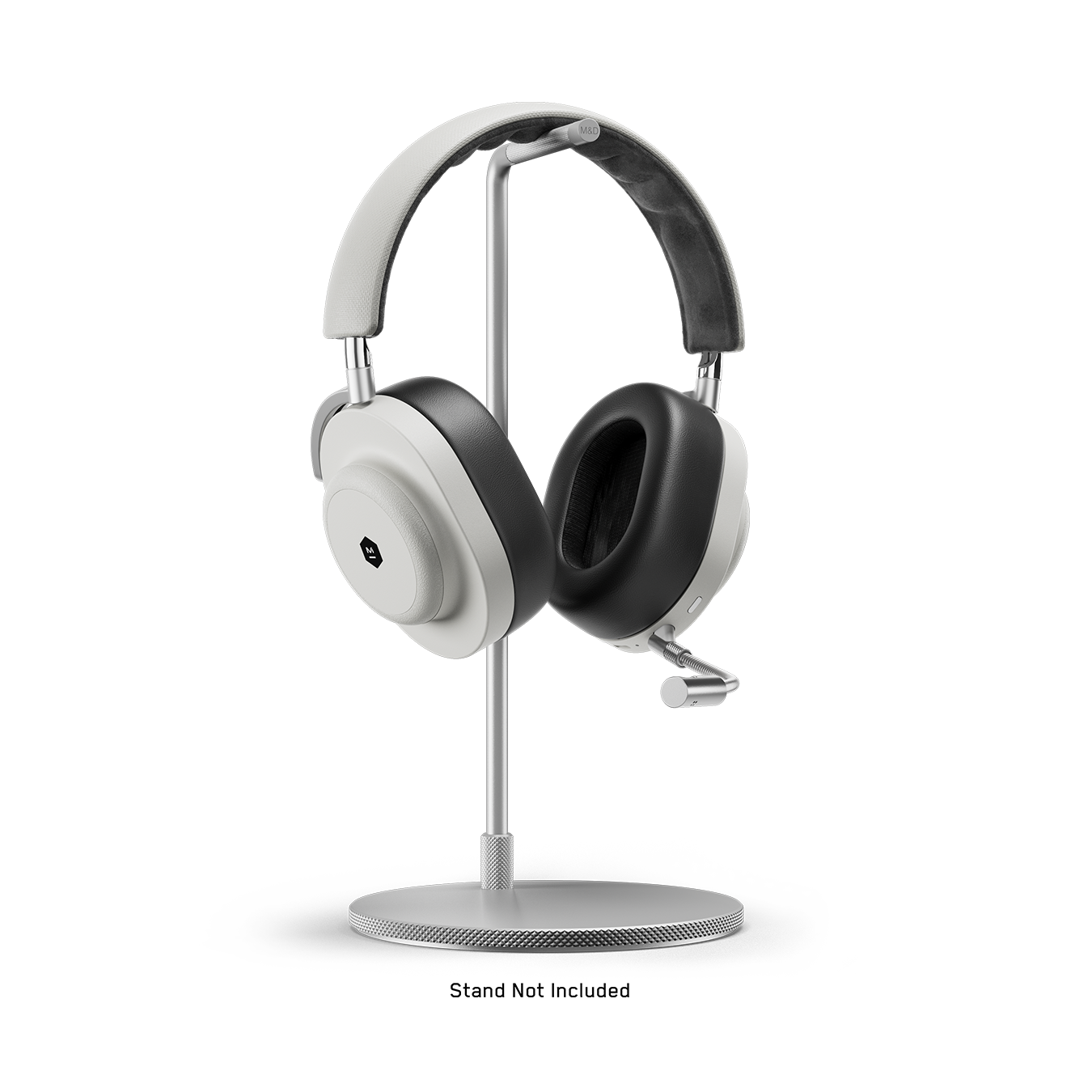 Galactic white MG20 Wireless Gaming Headphones with detachable boom microphone placed on a silver headphone stand | gallery MG20S3
