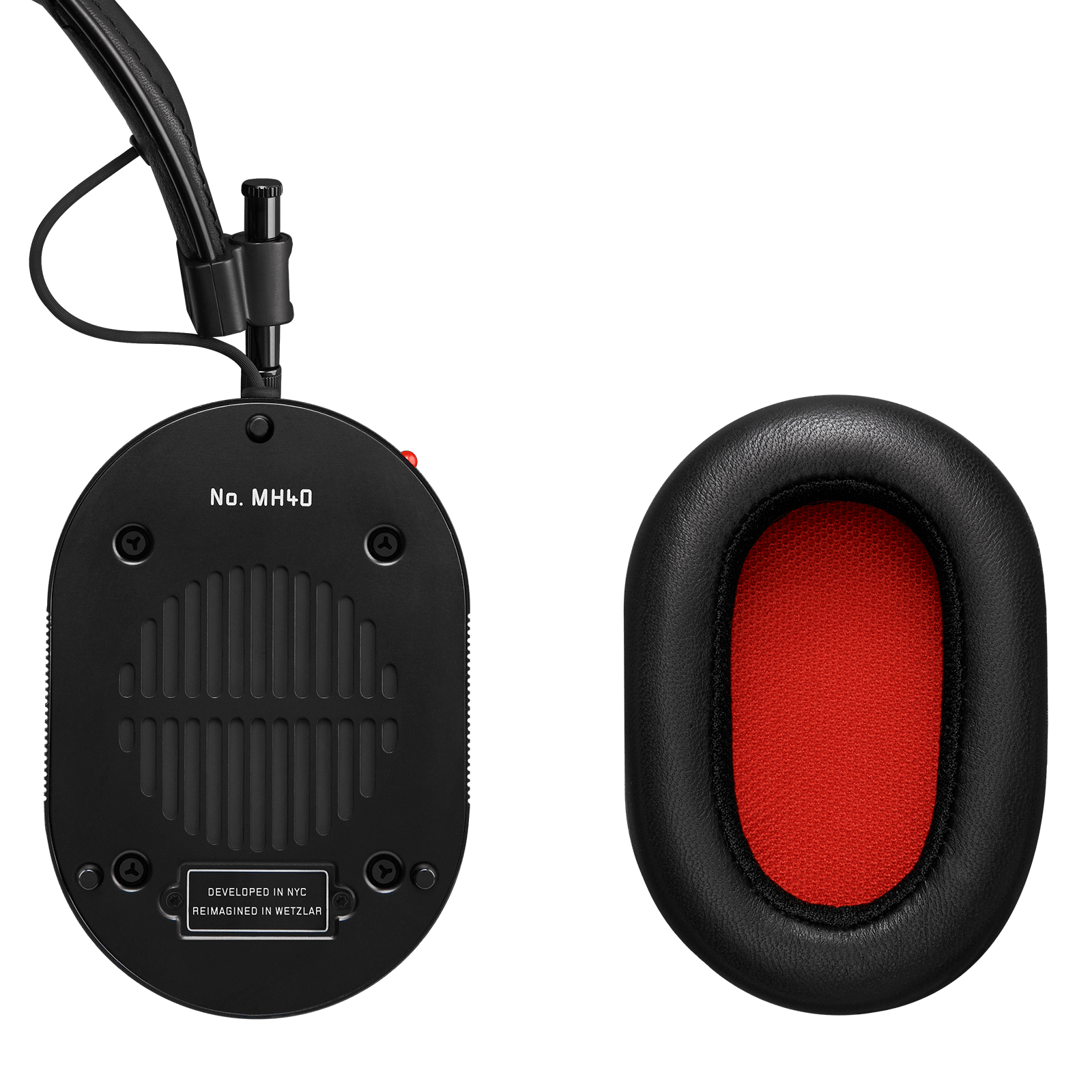 Inside view of the Leica 0.95 MH40 Wireless Headphones' black metal ear cup with a black leather and red inner ear pads floating to the right | gallery MH40B-95