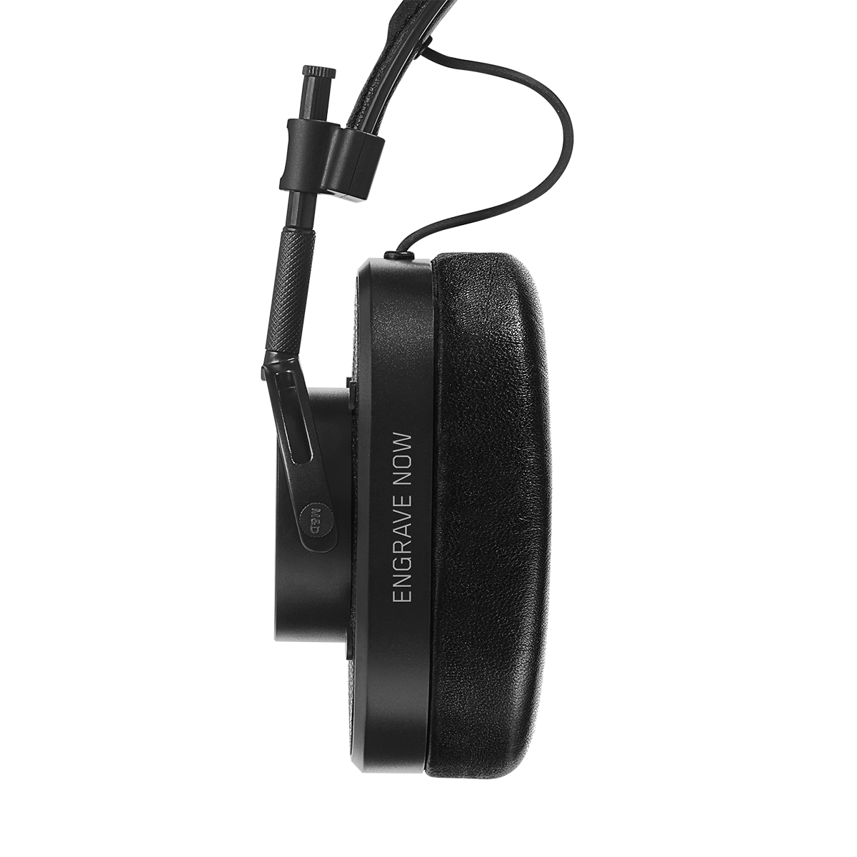 Front profile view of the left earcup and headband of MH40 Wired Headphones in black and camo leather | gallery MH40B9