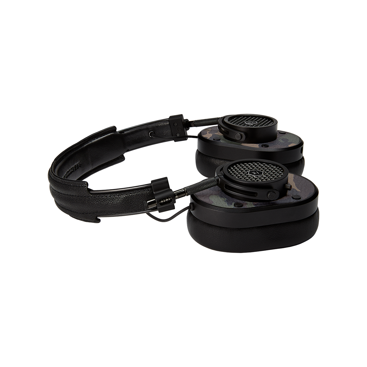 3/4 flat layed view of the MH40 Wired Headphones in black and camo leather | gallery MH40B9