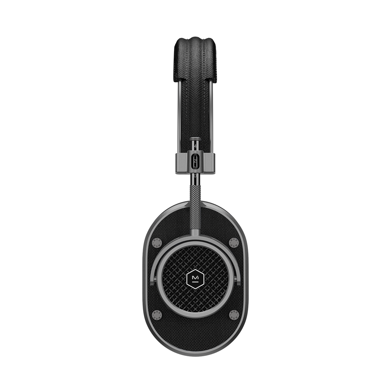 Side view of gunmetal and black MH40 Wireless Headphones showing headband and ear cup with grille | gallery MH40G1-W2