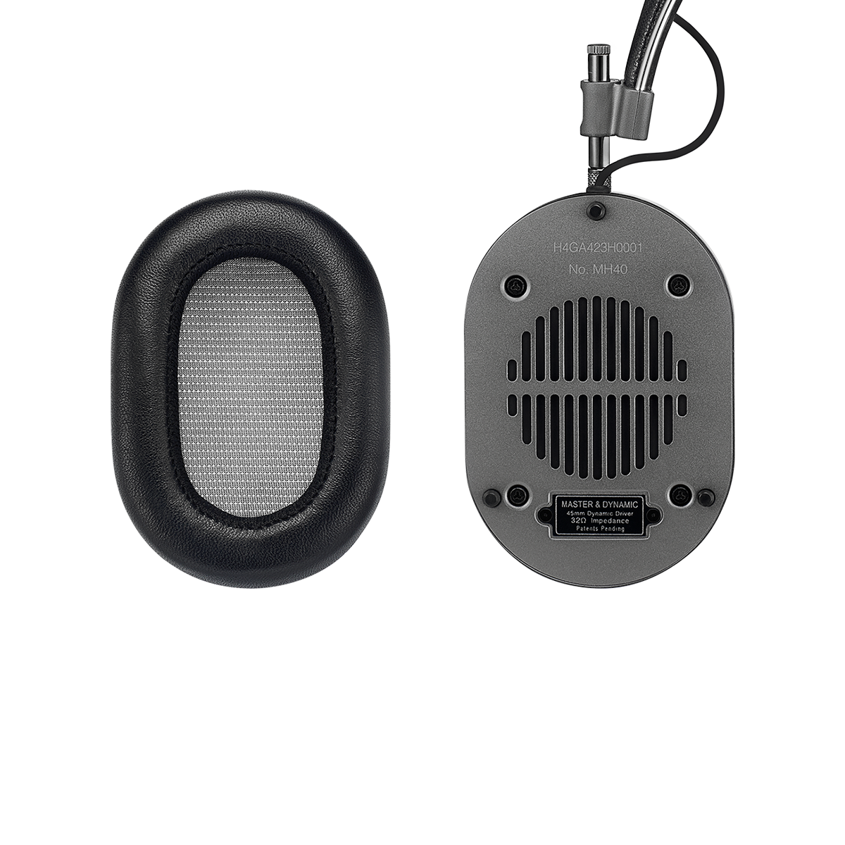 Detailed view of a magnetically replaceable lambskin ear pad next to the MH40 Wired Headphones earcup | gallery MH40G1