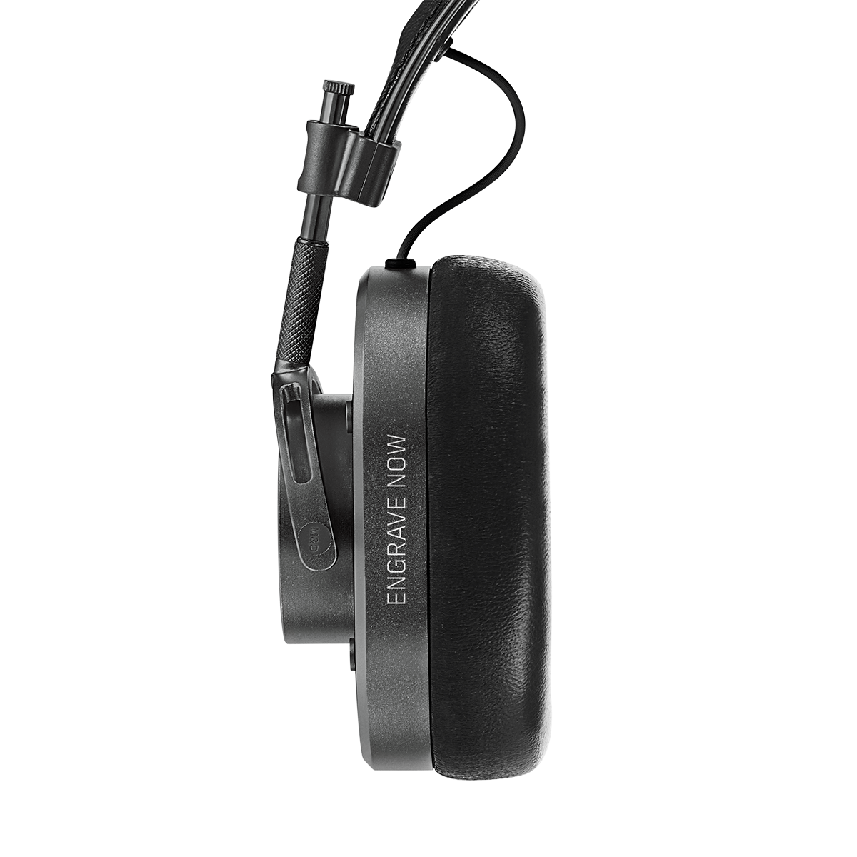 Front profile view of the left earcup and headband of MH40 Wired Headphones in gunmetal and black leather | gallery MH40G1