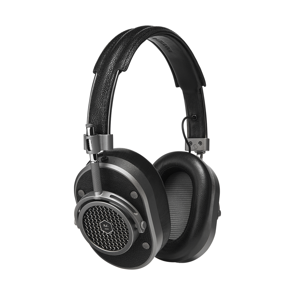 3/4 view of MH40 Wired Headphones in gunmetal and black leather | gallery MH40G1