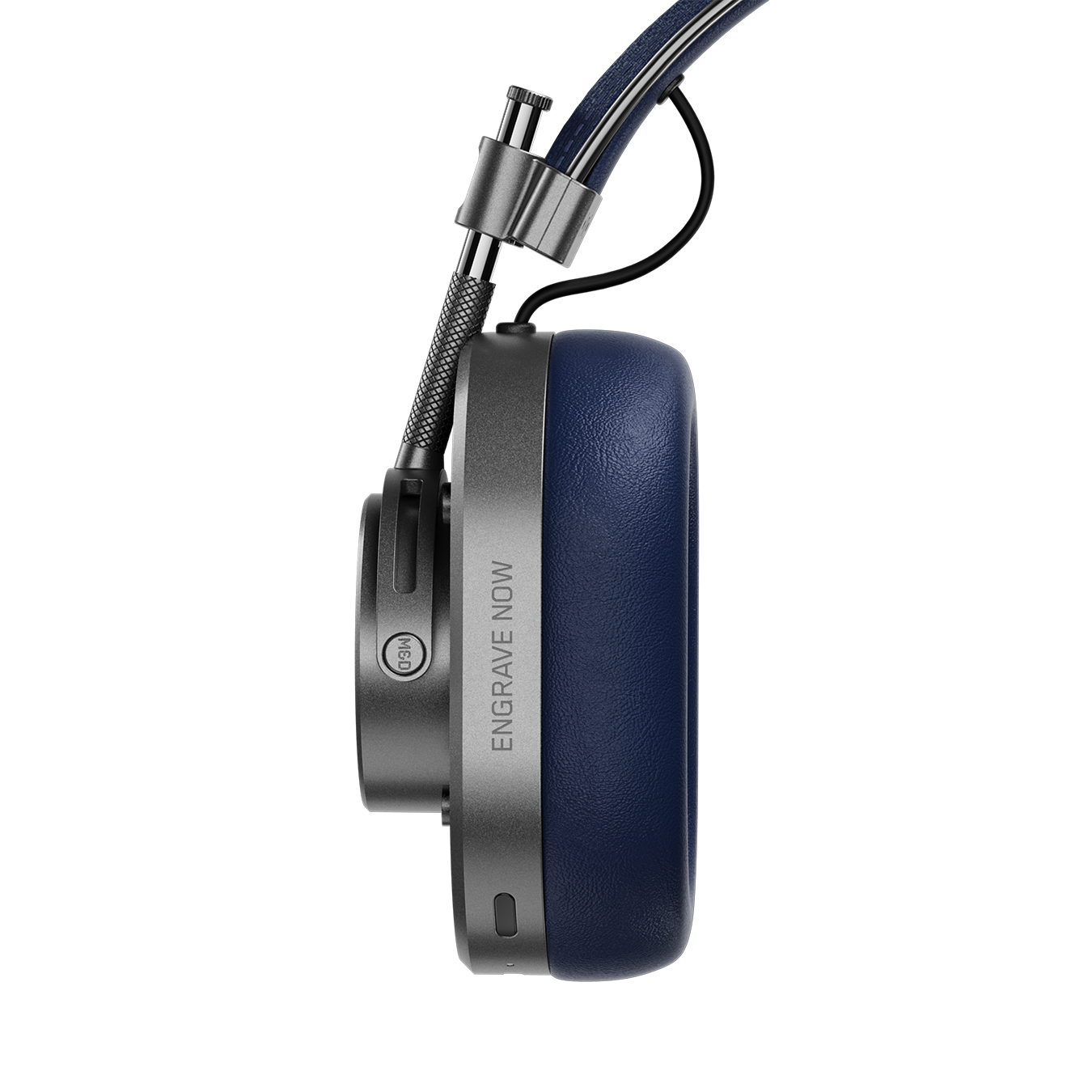 Close-up of gunmetal and navy MH40 Wireless Headphones showing ear cup with custom engraving that reads "ENGRAVE NOW" | gallery MH40G4-W2