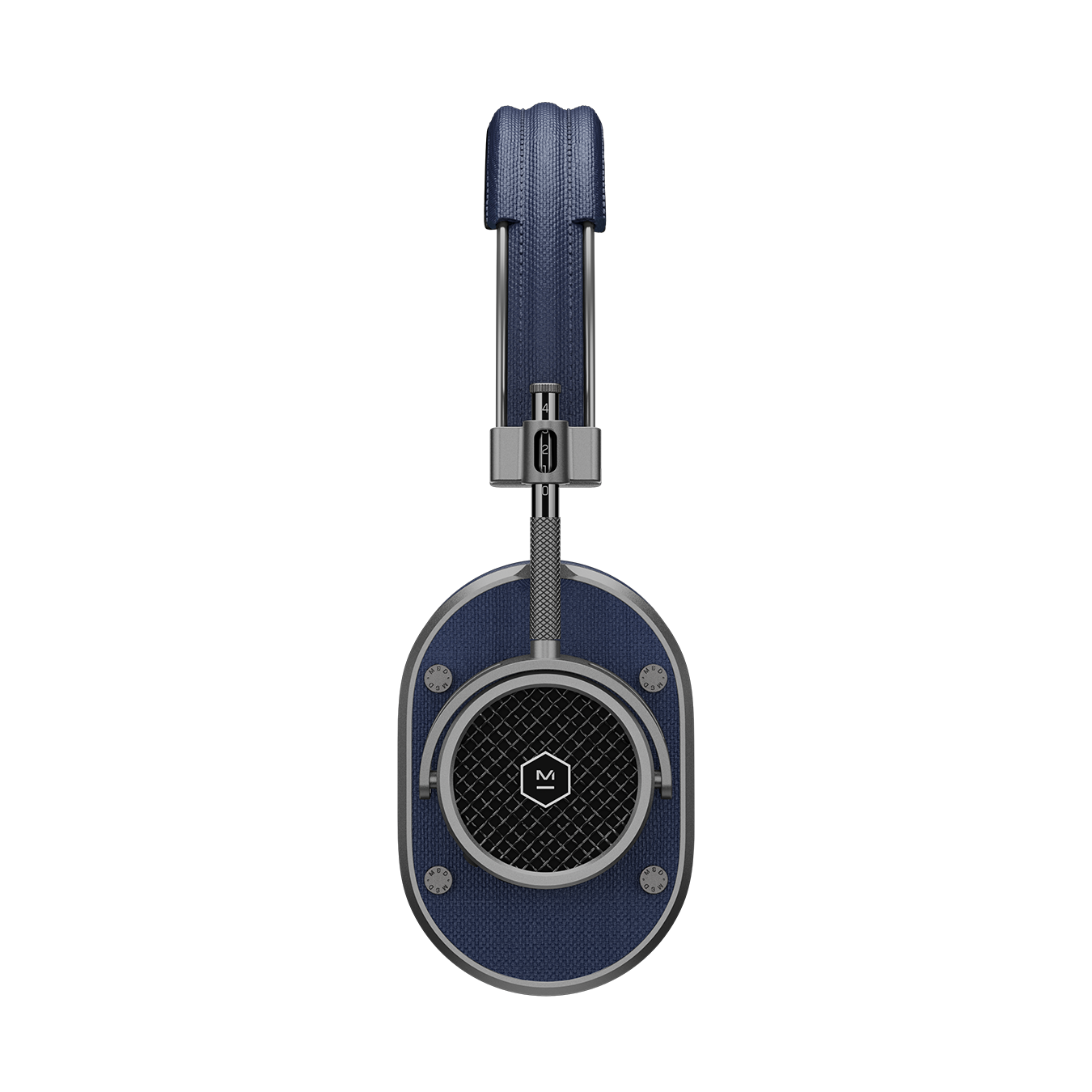 Side view of gunmetal and navy MH40 Wireless Headphones showing headband and ear cup with grille | gallery MH40G4-W2