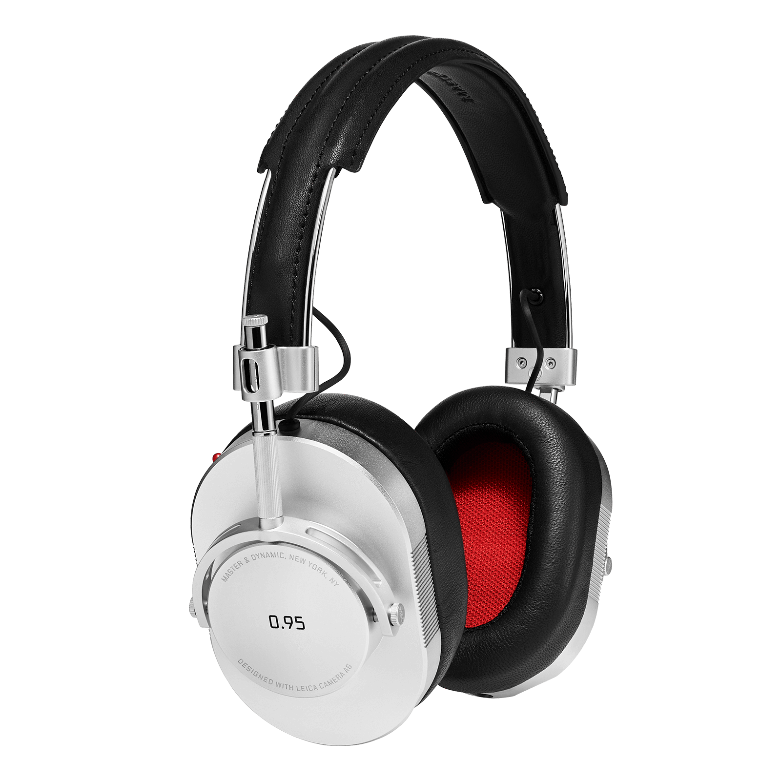 Black leather and silver metal MH40 Wireless headphones with Leica 0.95 logo on the ear cup and red inner ear pads | gallery MH40S-95