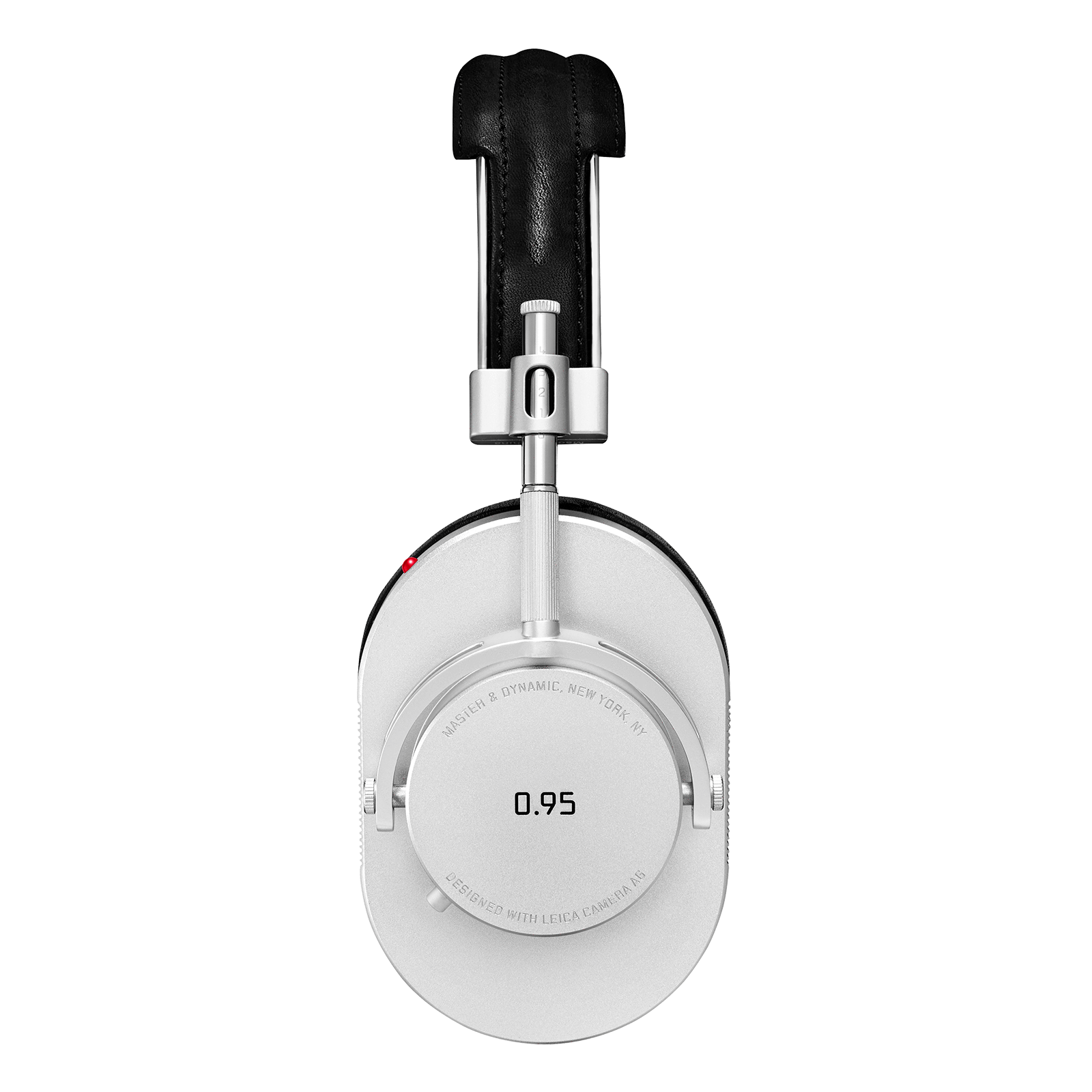 Side view of black leather and silver metal MH40 Wireless headphones with Leica 0.95 logo on the ear cup | gallery MH40S-95