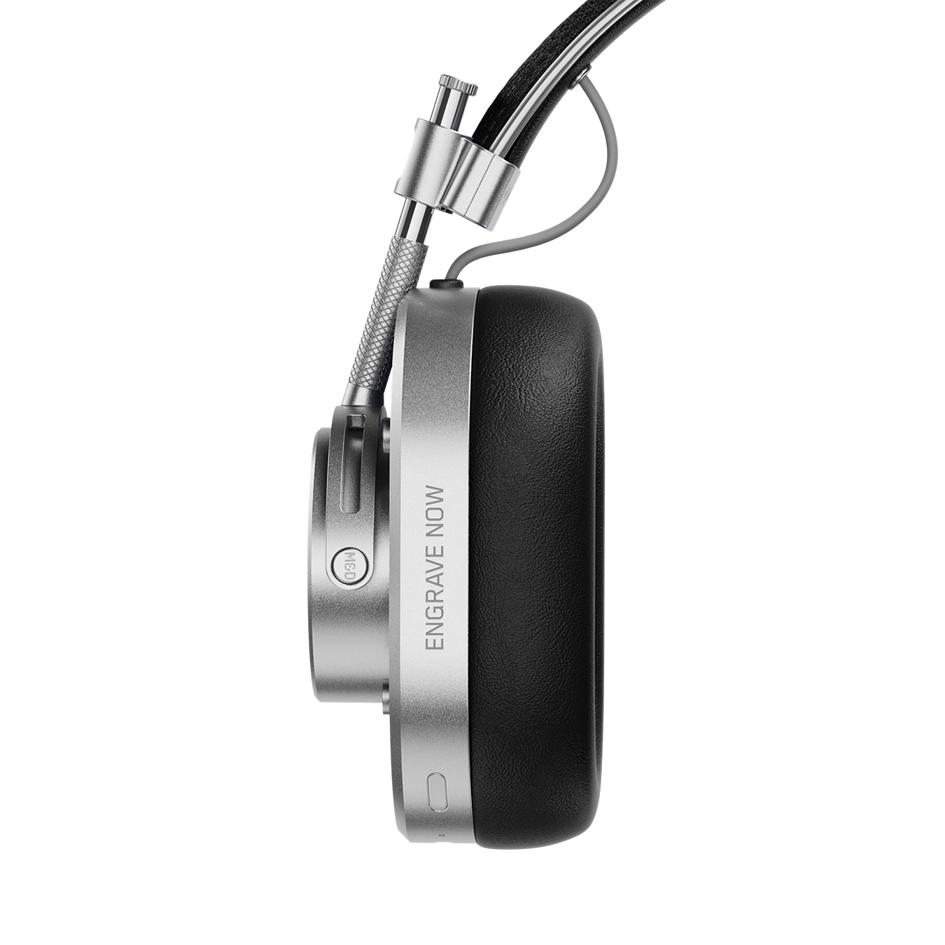Close-up of silver and black MH40 Wireless Headphones showing ear cup with custom engraving that reads "ENGRAVE NOW" | gallery MH40S1-W2
