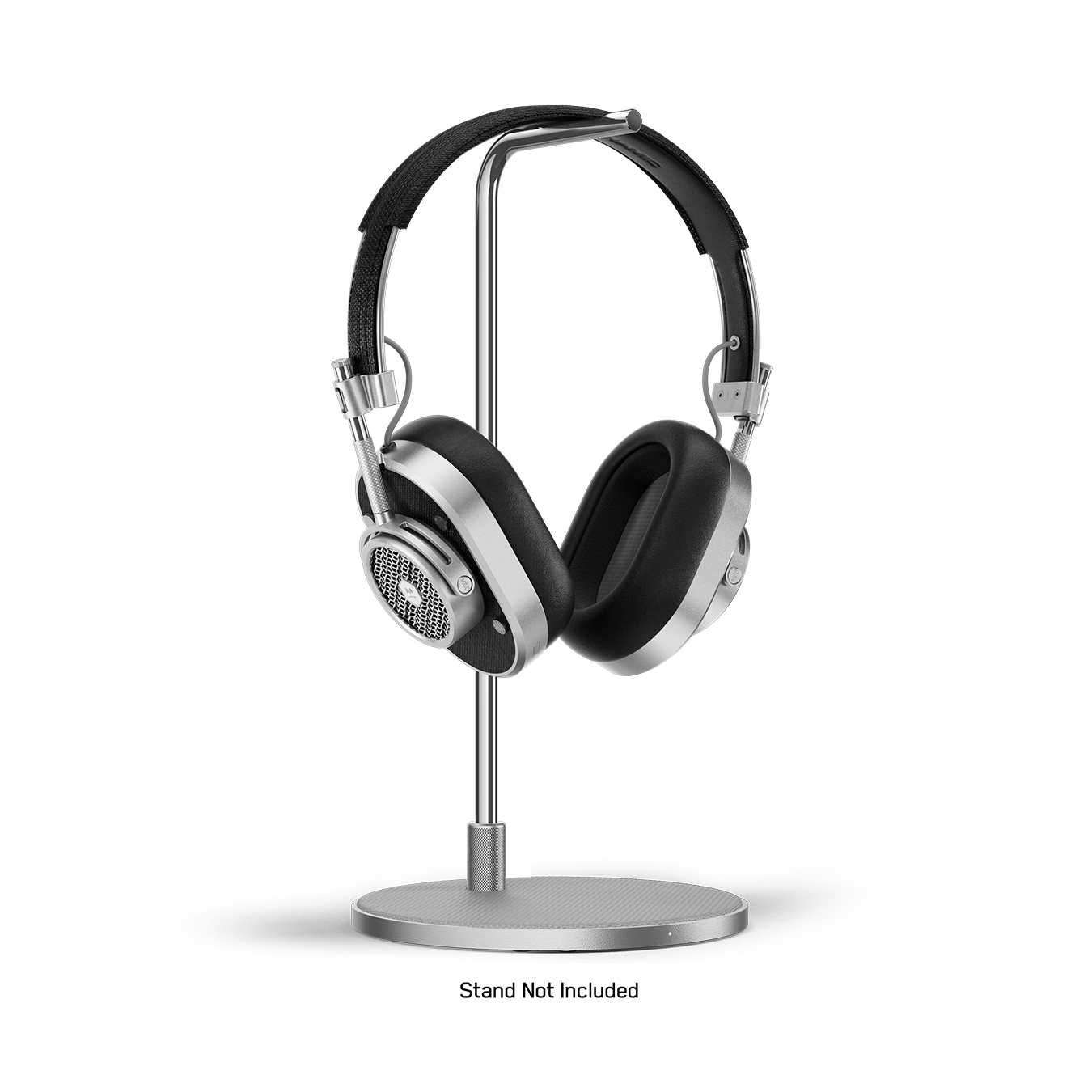 Silver and black MH40 Wireless Headphones placed on a silver headphone stand | gallery MH40S1-W2