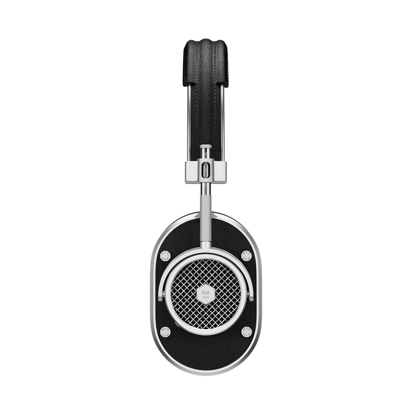 Side view of silver and black MH40 Wireless Headphones showing headband and ear cup with grille | gallery MH40S1-W2