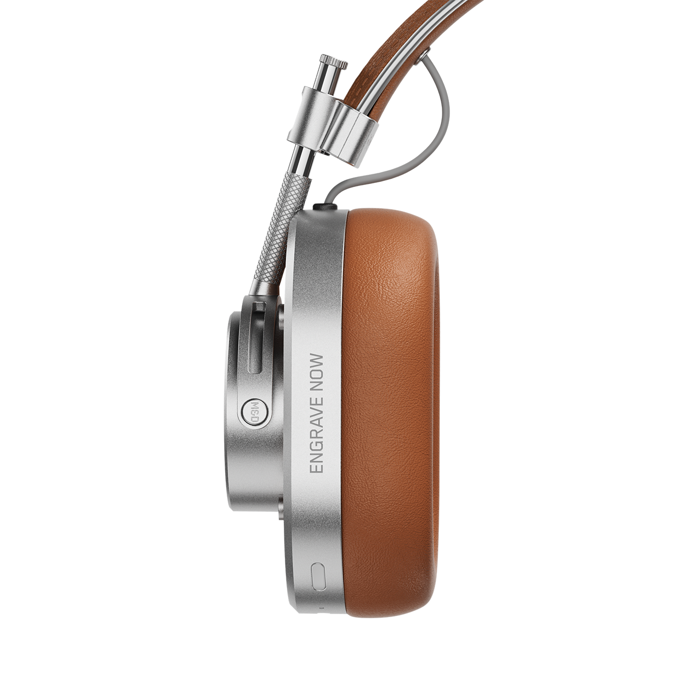 Close-up of silver and brown MH40 Wireless Headphones showing ear cup with custom engraving that reads "ENGRAVE NOW" | gallery MH40S2-W2