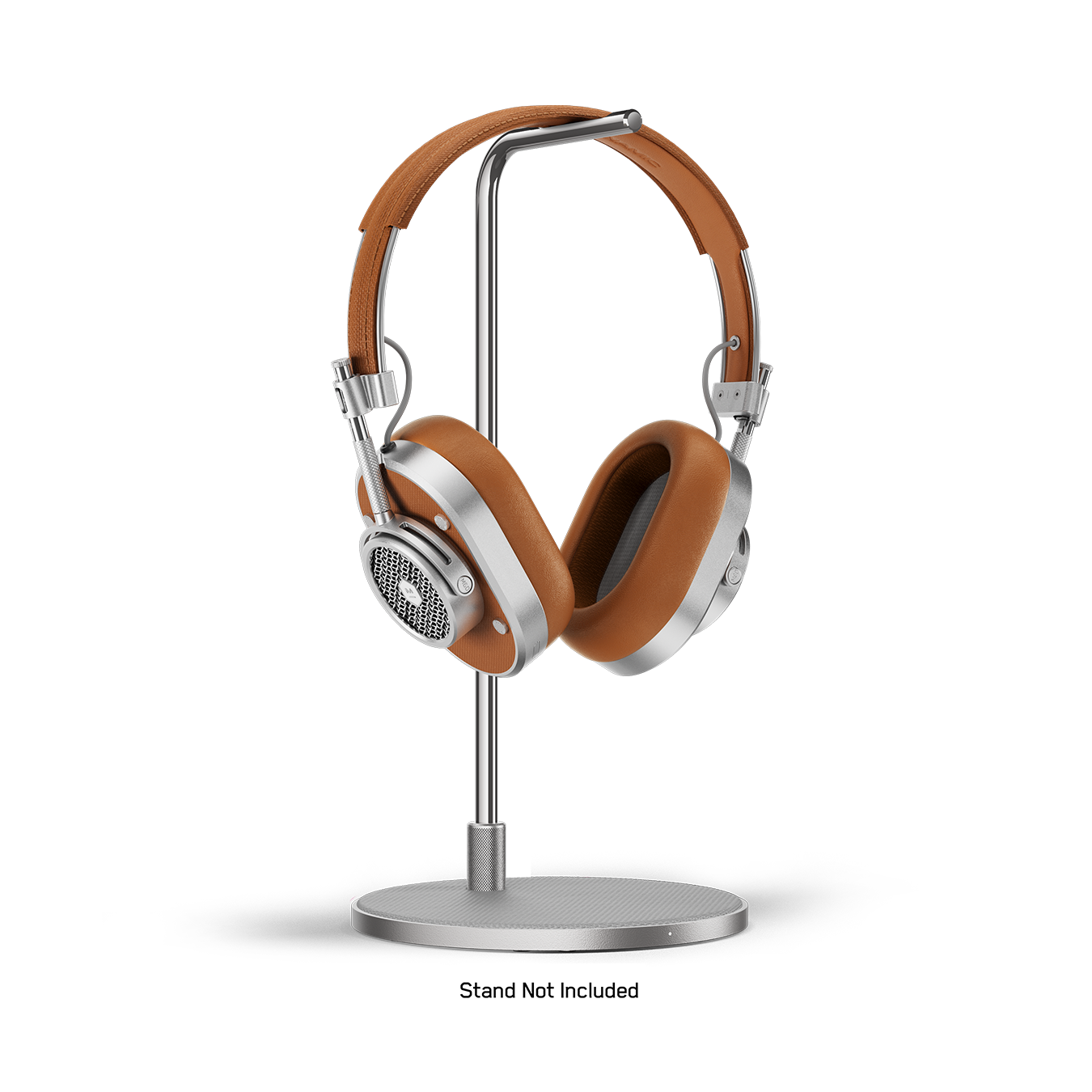 Silver and brown MH40 Wireless Headphones placed on a silver headphone stand | gallery MH40S2-W2