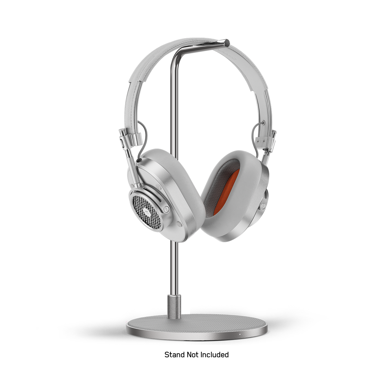 Silver and grey MH40 Wireless Headphones placed on a silver headphone stand | gallery MH40S3-W2