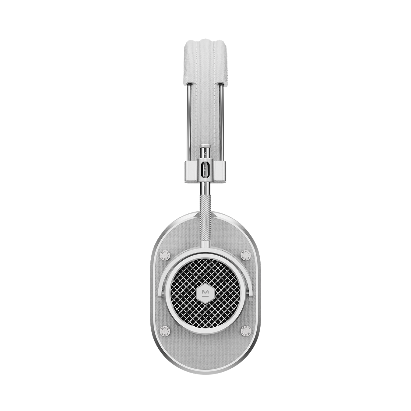 Side view of silver and grey MH40 Wireless Headphones showing headband and ear cup with grille | gallery MH40S3-W2