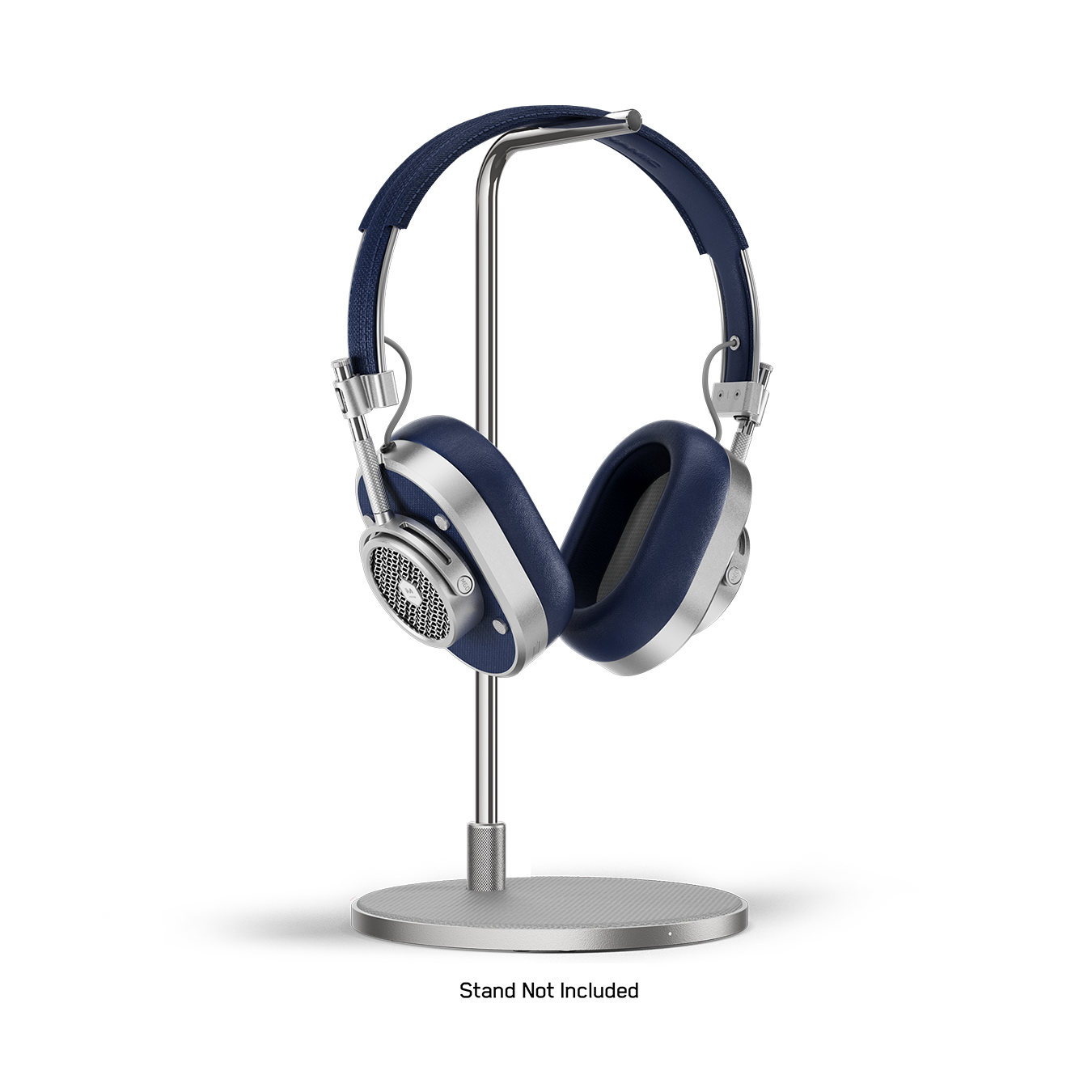 Silver and navy MH40 Wireless Headphones placed on a silver headphone stand | gallery MH40S4-W2