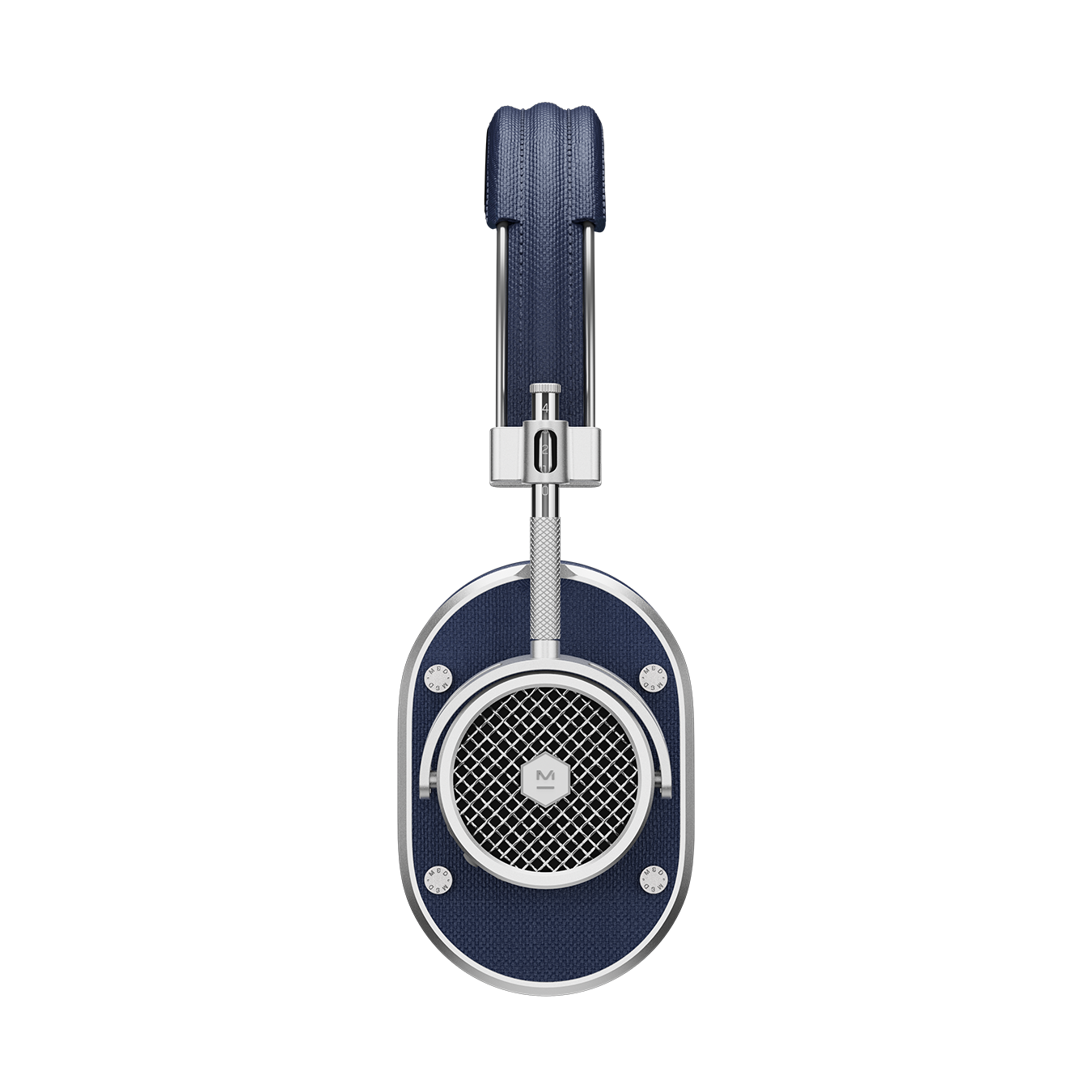 Side view of silver and navy MH40 Wireless Headphones showing headband and ear cup with grille | gallery MH40S4-W2