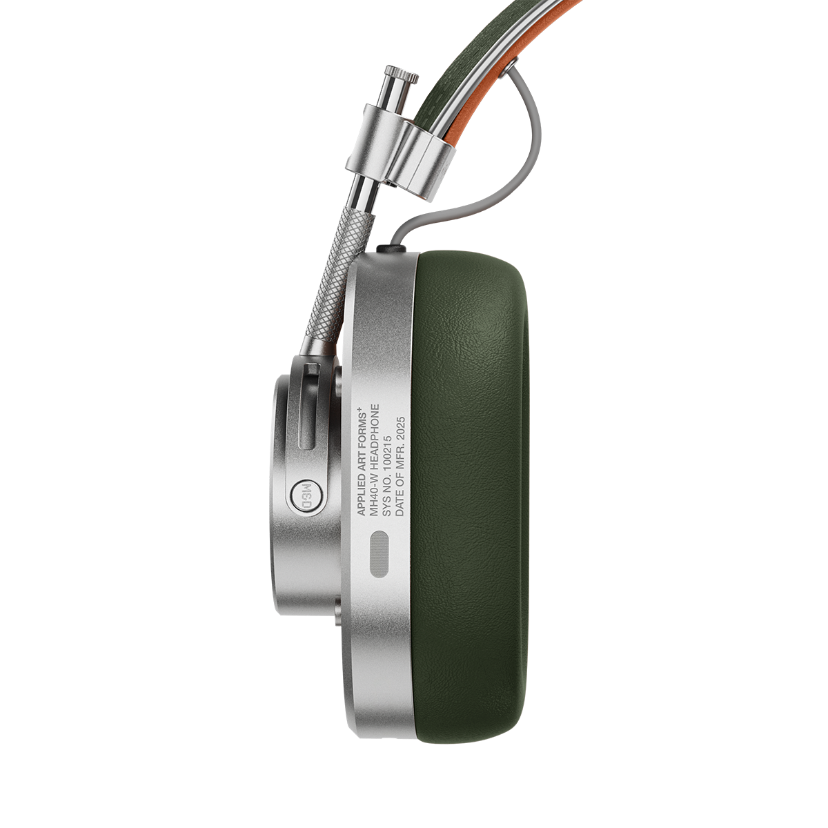 Detailed view of custom engraving placement on side earcup of APPLIED ART FORMS MH40 Wireless Over-Ear Headphones | gallery MH40W2-AAF1