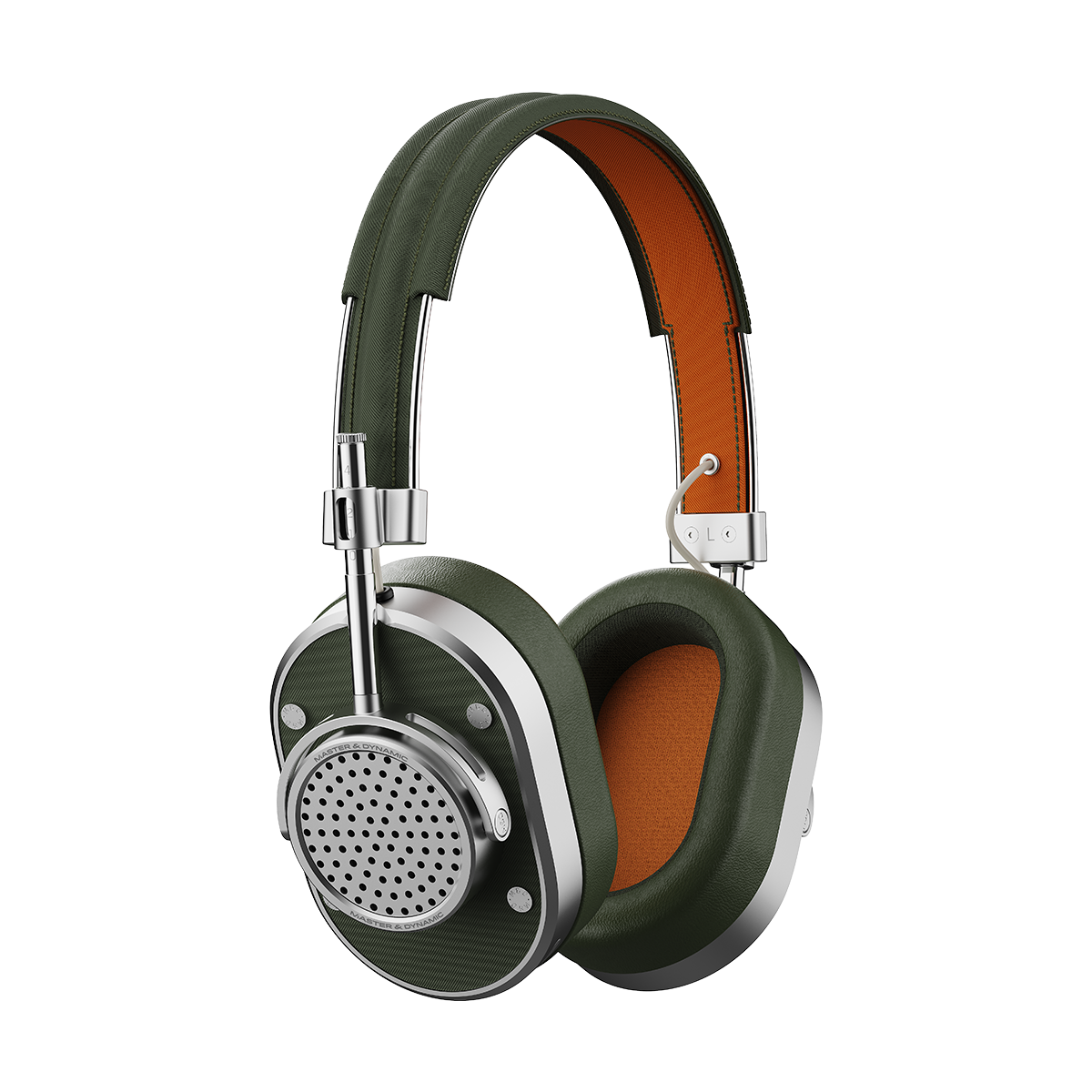 3/4 angle view of a pair of green and orange APPLIED ART FORMS MH40 Wireless Over-Ear Headphones | gallery MH40W2-AAF1