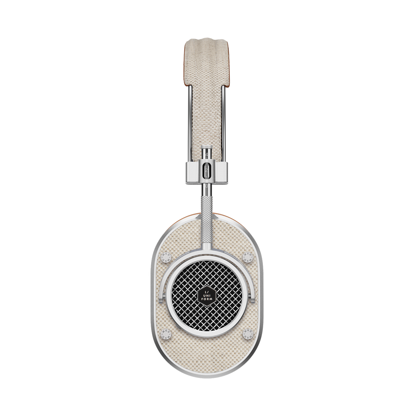 Side view of silver and beige L/UNIFORM MH40 Wireless Headphones showing headband and ear cup with grille | gallery MH40W2-LU1