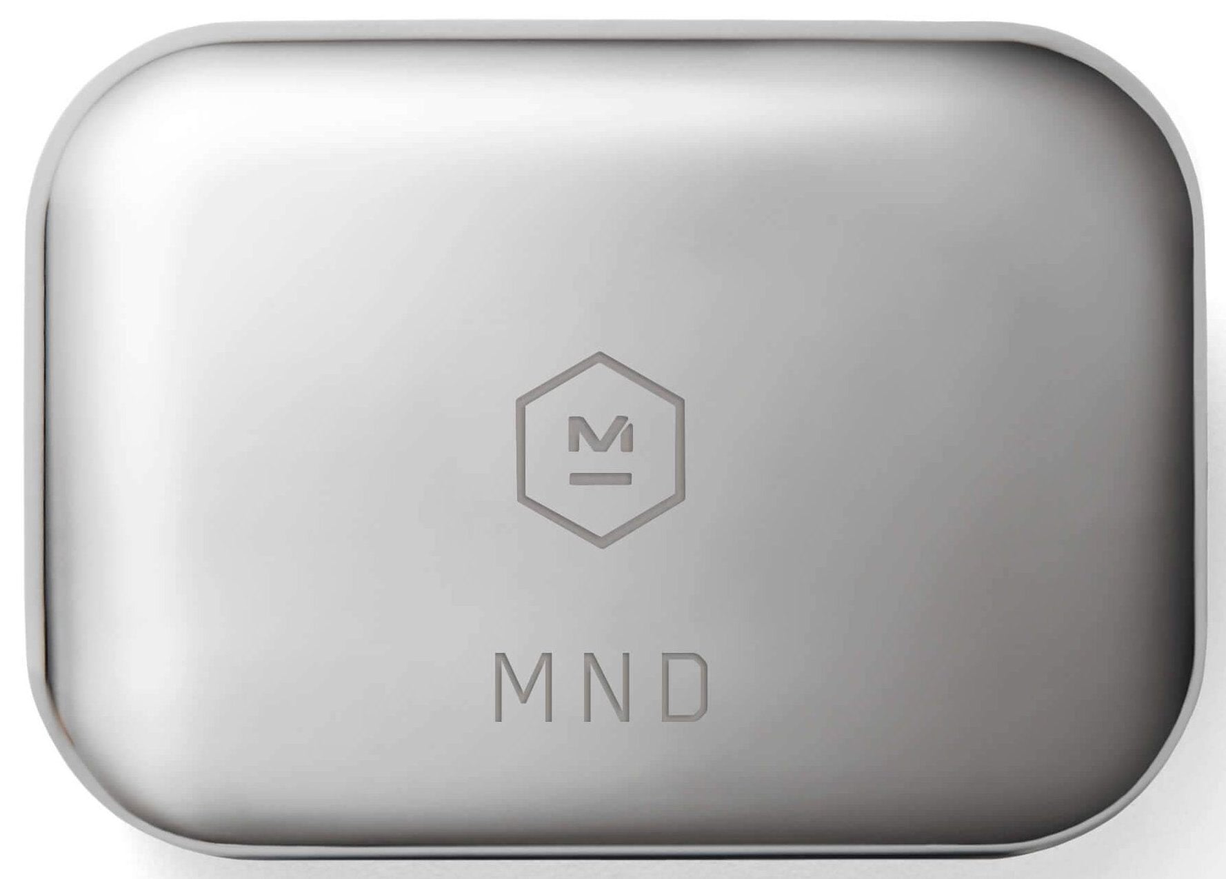 Top down image of a stainless steel MW07 True Wireless Earphones case featuring Master & Dynamic logo and custom engraving with the letters M N D. |