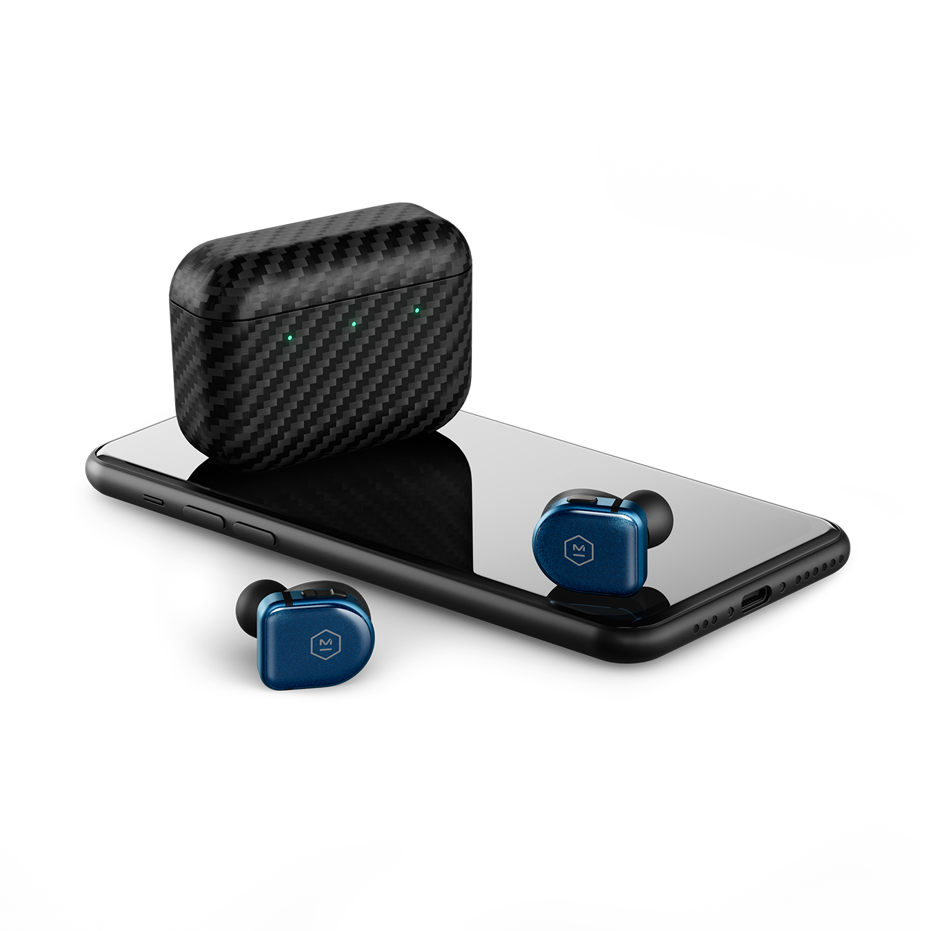 Pair of blue MW08 Sport True Wireless Earphones and black kevlar charging case next to a black cell phone for scale | gallery MW08BU Sport