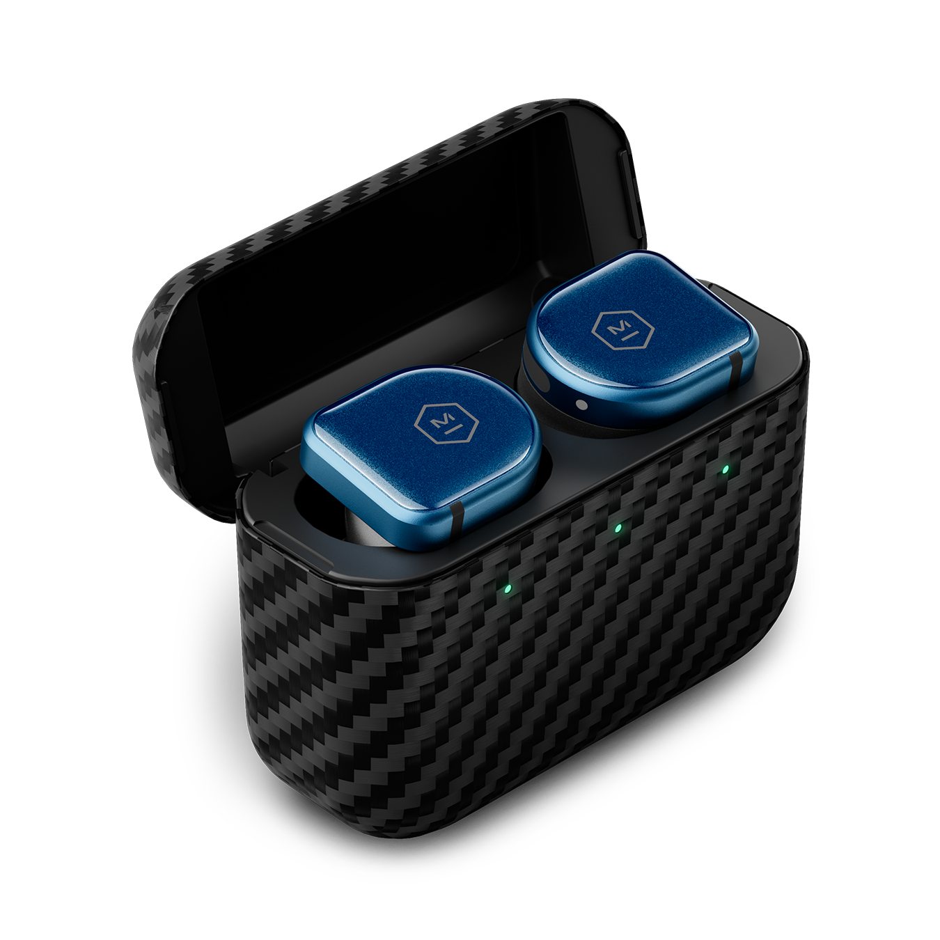 A pair of blue MW08 Sport True Wireless Earphones in an open black Kevlar charging case | gallery MW08BU Sport