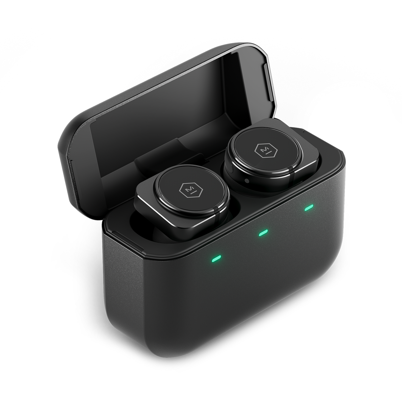 A pair of black MW09 True Wireless Earphones inside an open black charging case | gallery MW09BK1