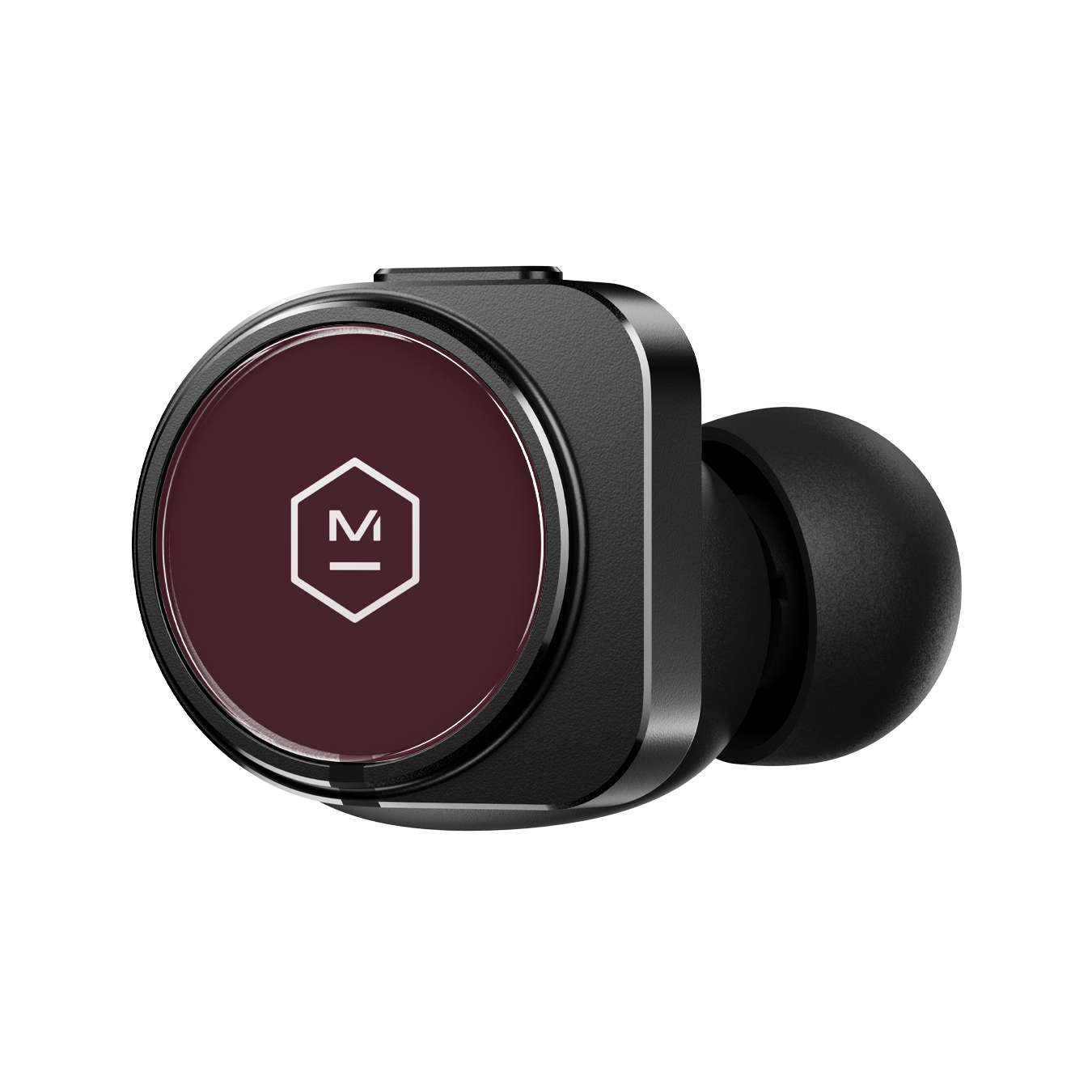 Close-up of a single burgundy and black MW09 True Wireless Earphone shown from the side that faces out when worn | gallery MW09BK7
